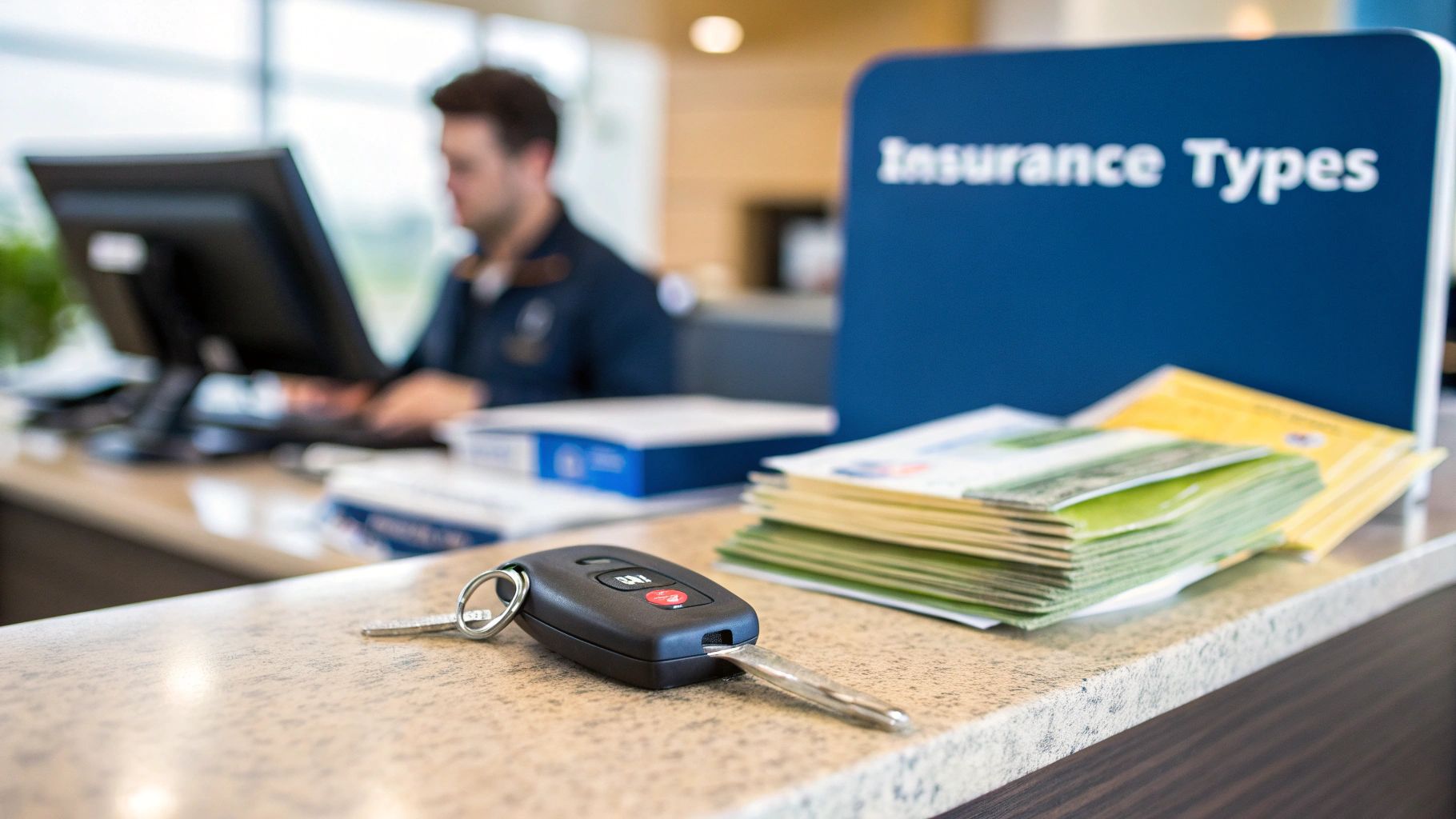 Car key on a counter with 'Insurance Types' sign and brochures, an employee working at a desk.