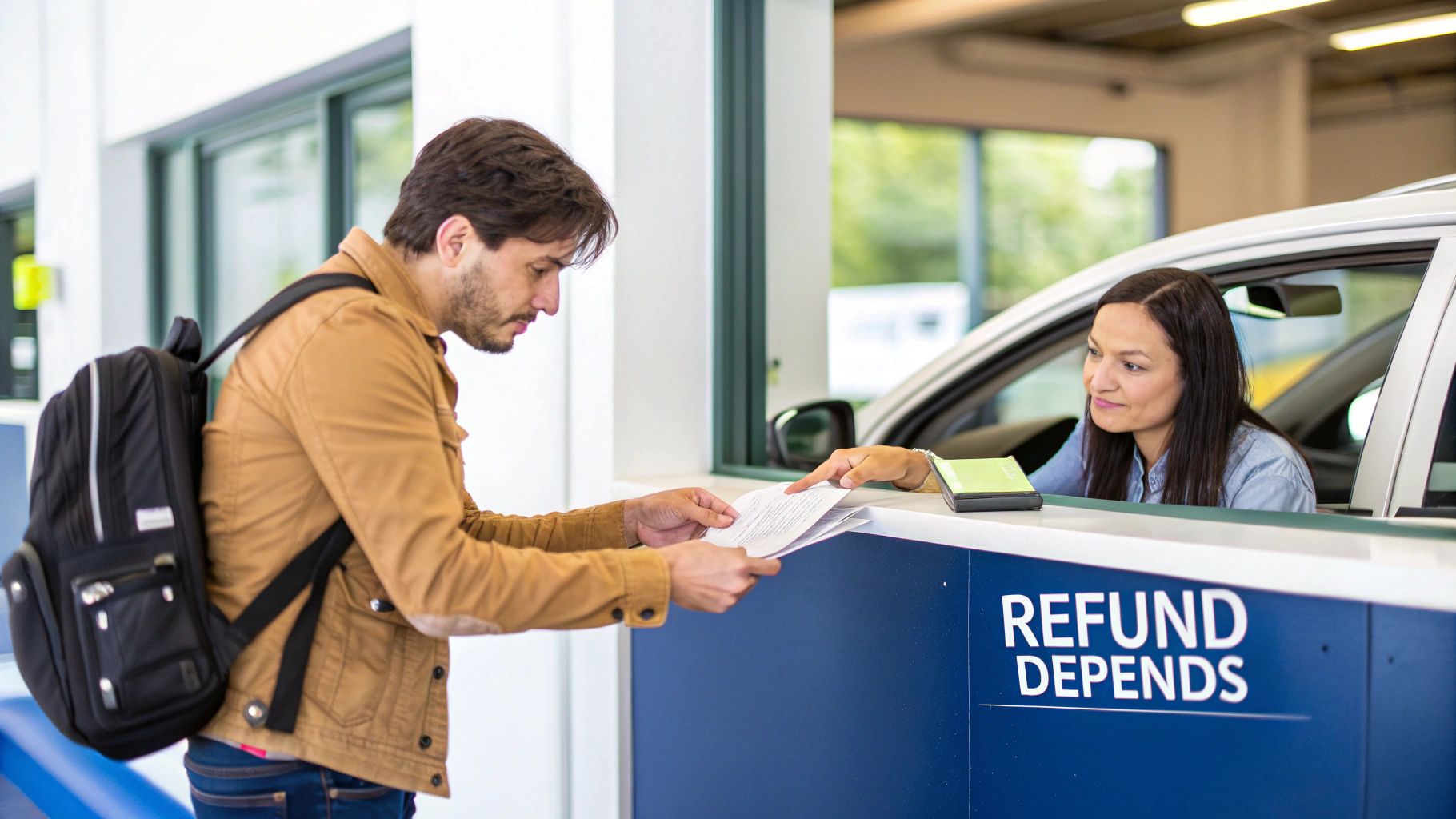 A man hands documents to a woman in a car at a drive-thru window with a "Refund Depends" sign.