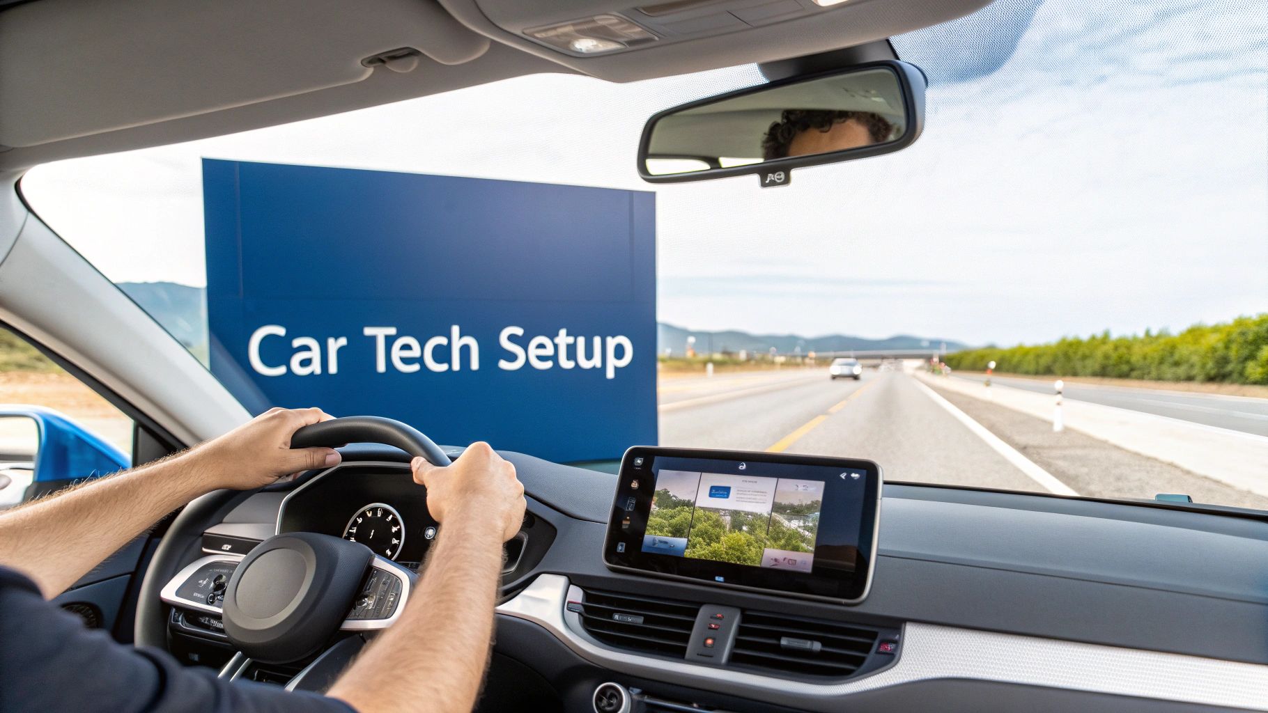 A person sitting in the driver's seat of a rental car, pairing their phone to the car's Bluetooth system.