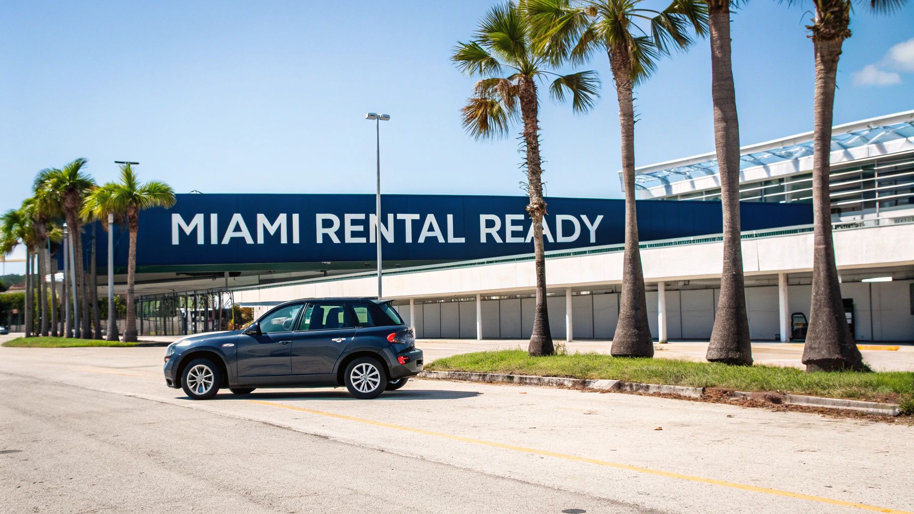 A dark grey SUV parked outside a building with a 'Miami Rental Ready' sign and palm trees.