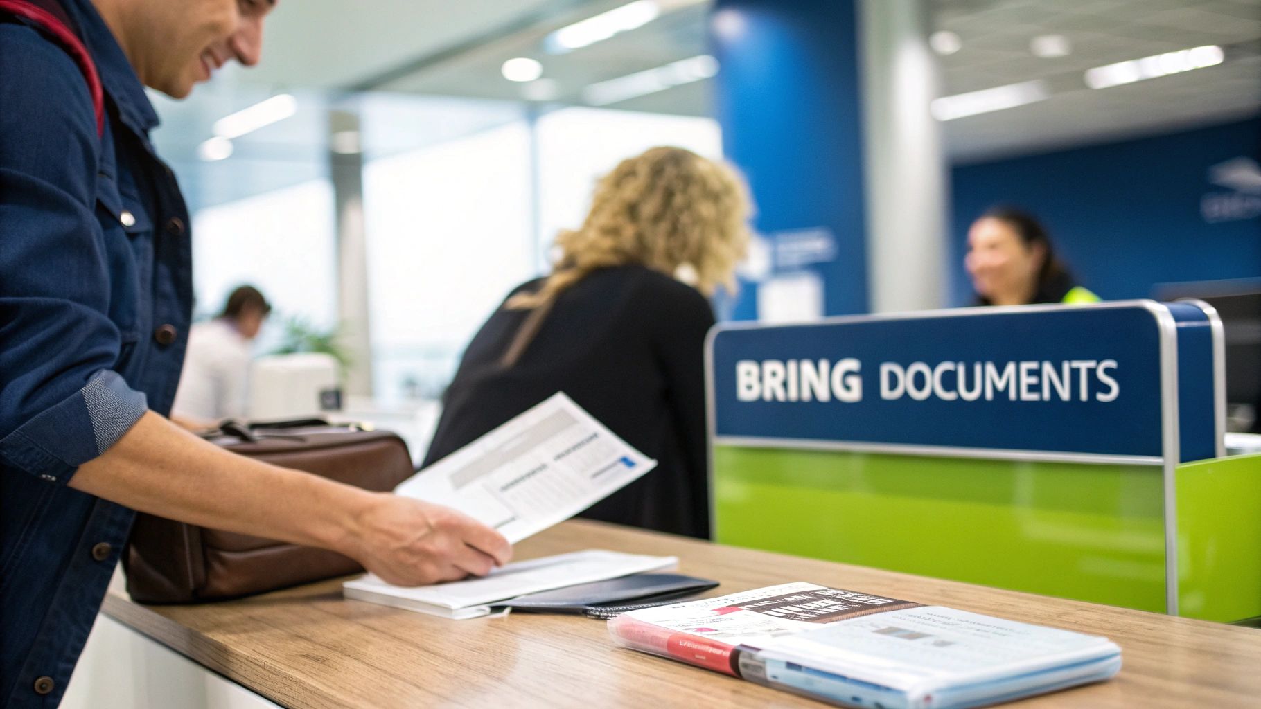 Customer presenting documents at car rental service desk with bring documents sign