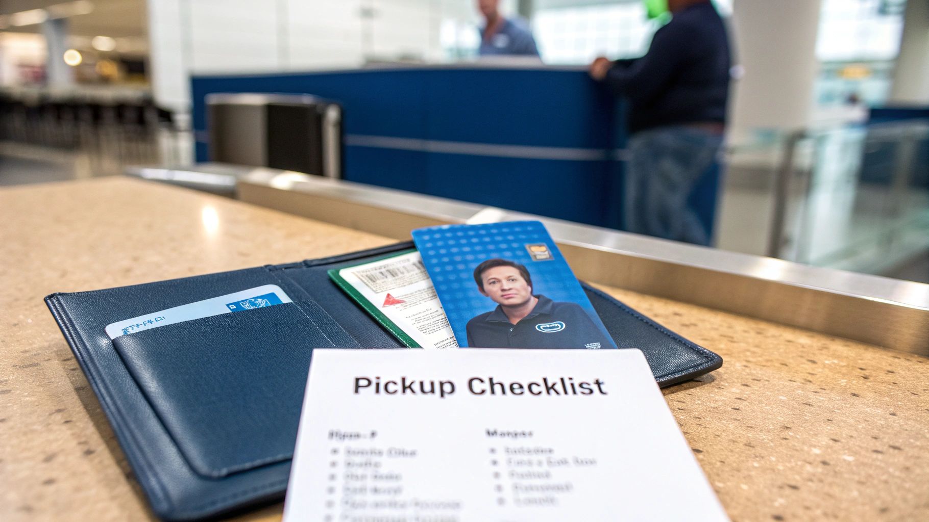 A folder containing a driver's license, debit card, and travel documents, ready for the rental counter.