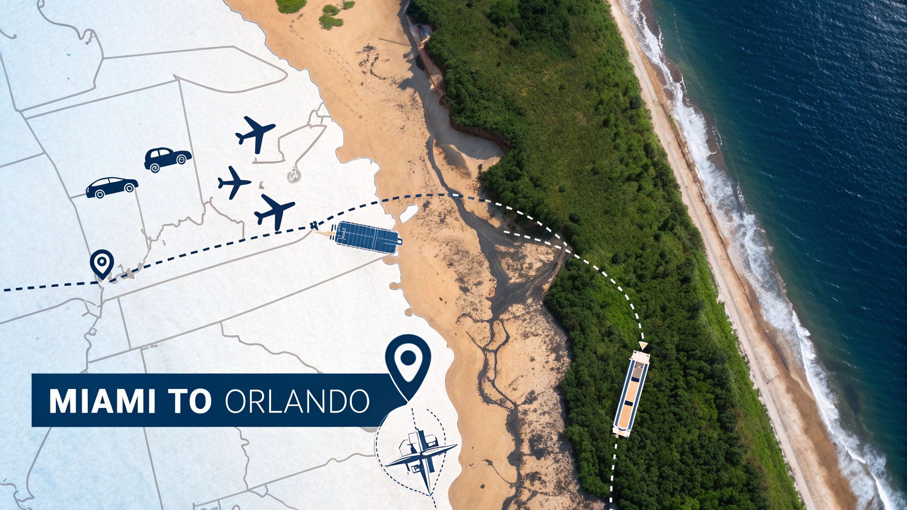 Overhead map showing travel options including cars, planes, train, and boat between Miami and Orlando.