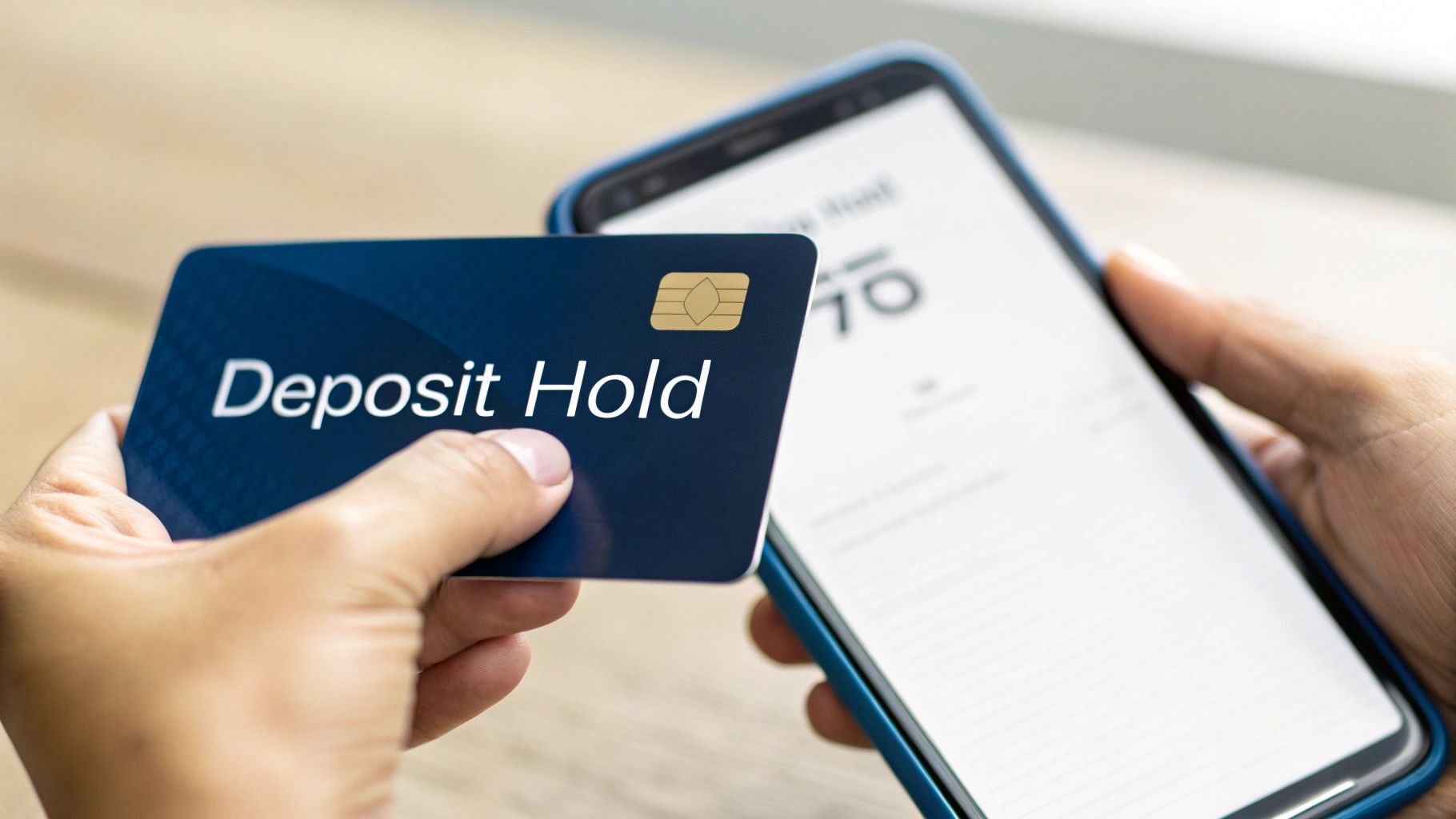 A person holds a blue 'Deposit Hold' card next to a smartphone displaying a banking app.