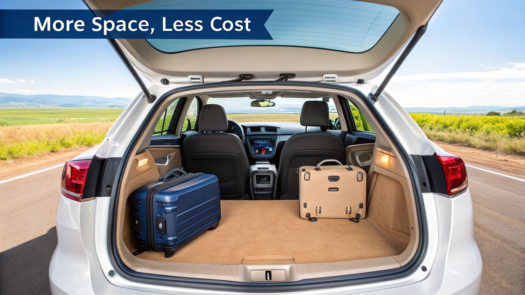 Open trunk of a white intermediate rental car with two suitcases on a scenic road.