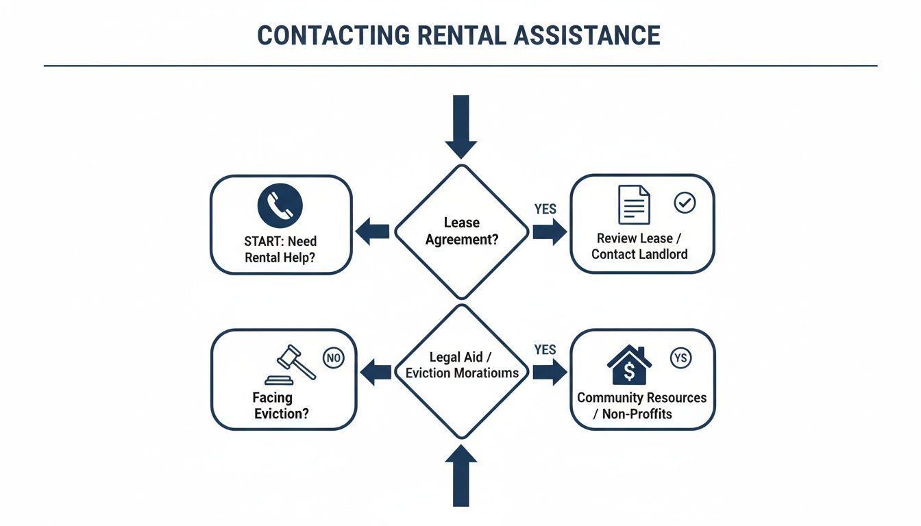 Flowchart outlining steps for contacting rental assistance, addressing lease agreements, eviction, and community resources.