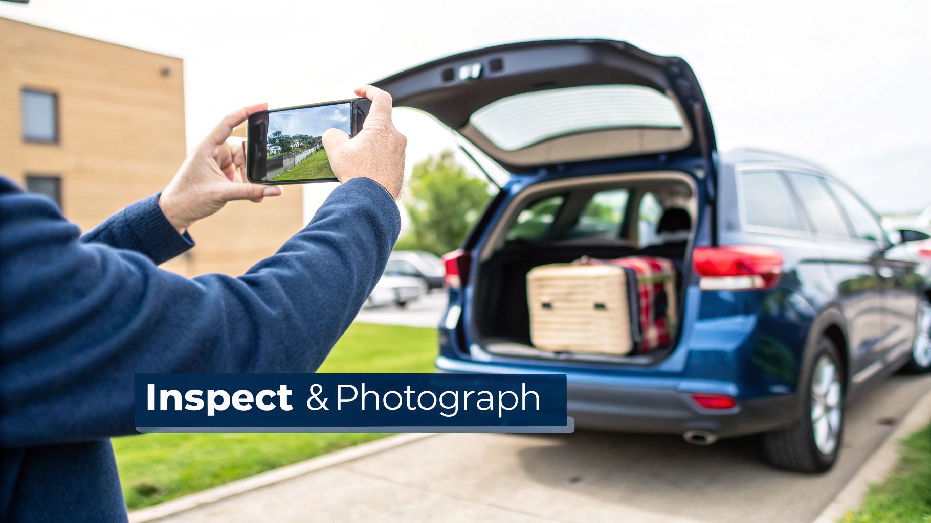 Person photographs a blue SUV with an open trunk, packed for travel, alongside the text 'Inspect & Photograph'.