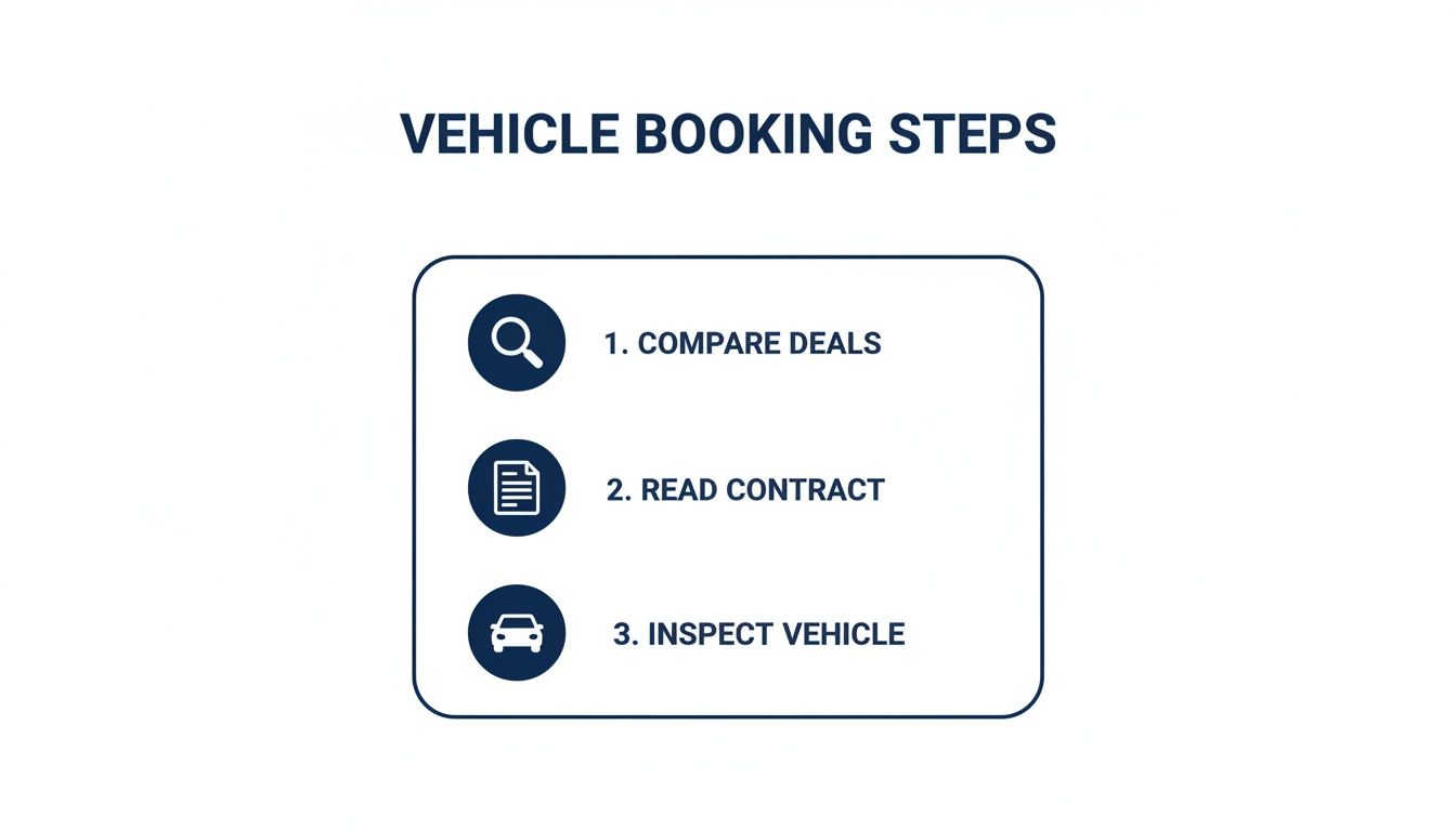 Visual guide outlining three vehicle booking steps: compare deals, read contract, and inspect vehicle.