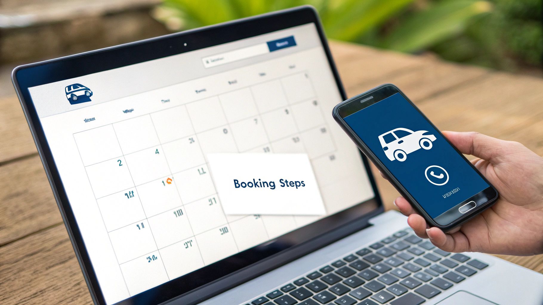 Digital car rental booking process shown on a laptop calendar and a smartphone application.