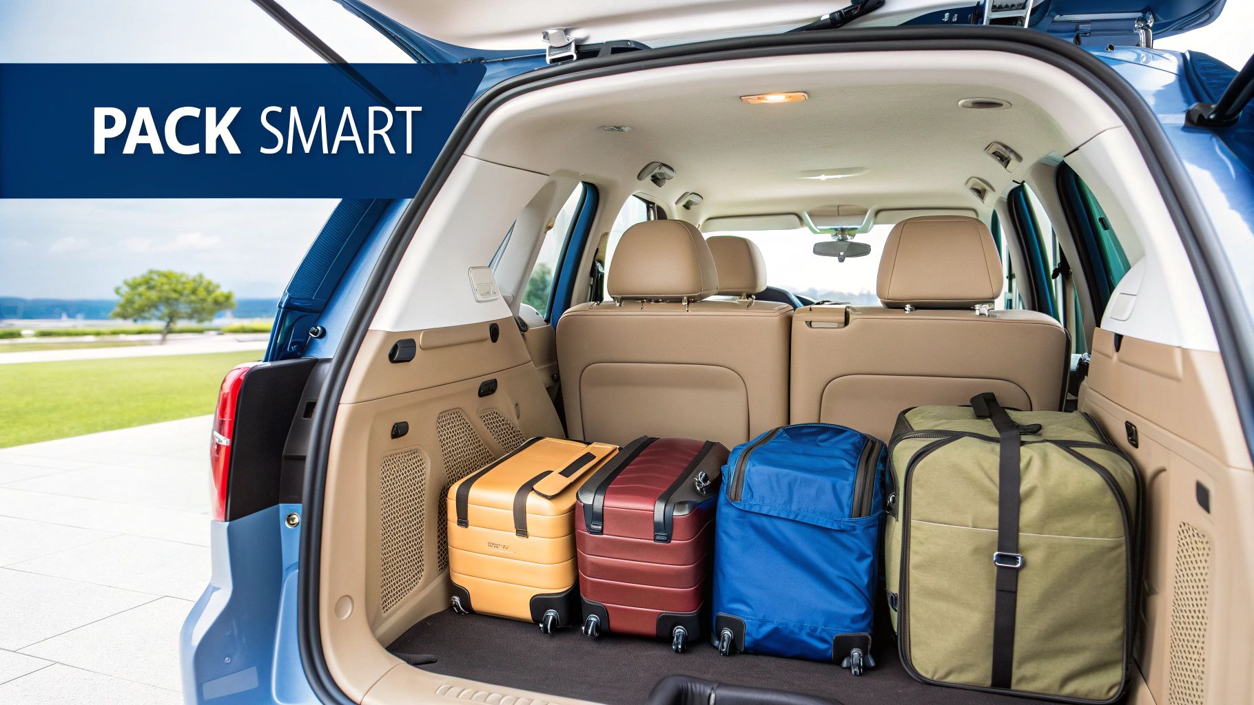 Open trunk of a blue SUV filled with four pieces of luggage, ready for travel.