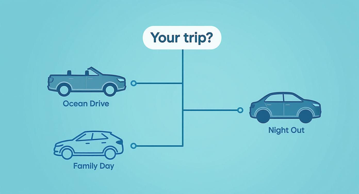Three car types connecting to trip options: ocean drive convertible, family day sedan, and night out vehicle