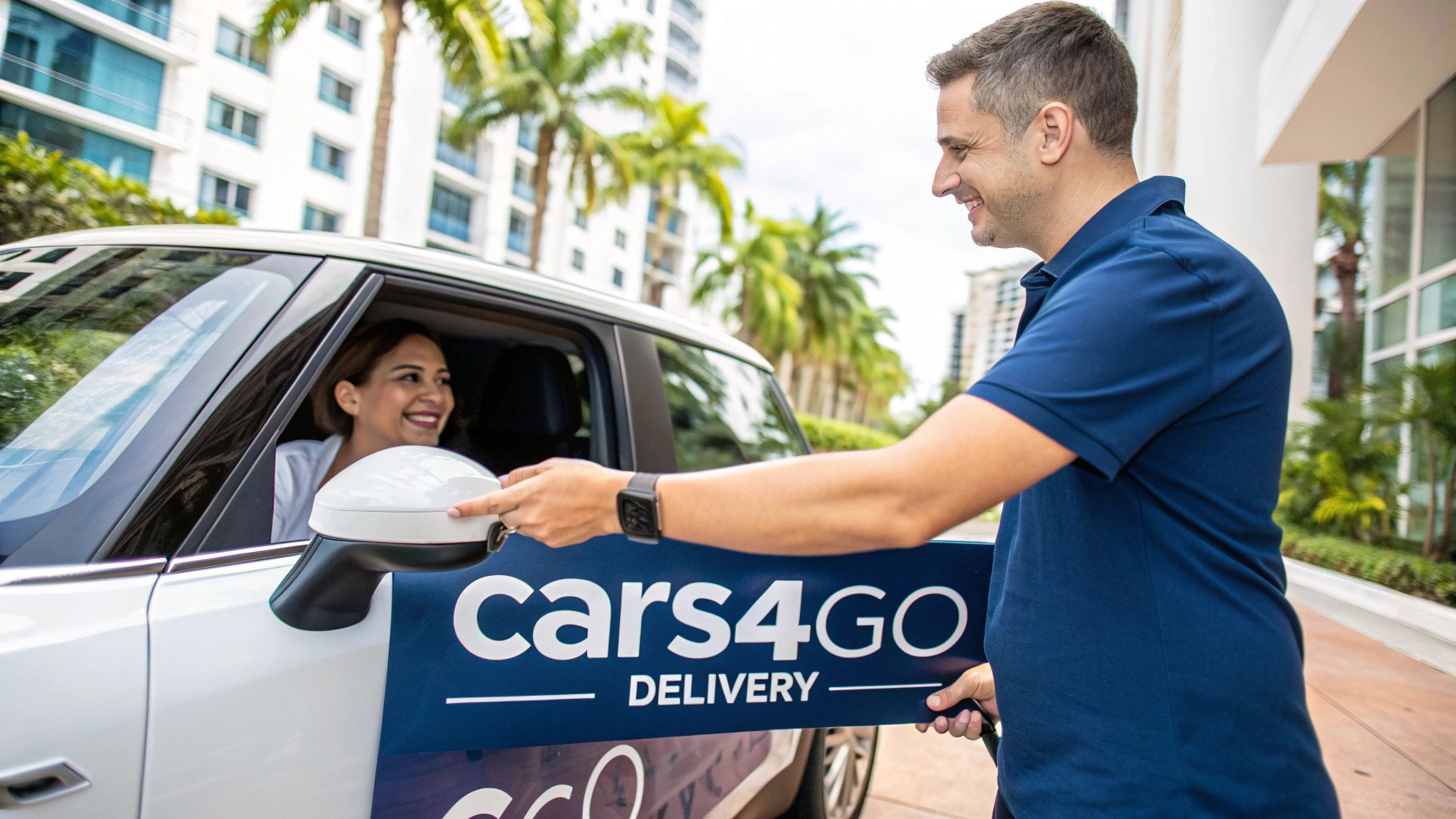 A man hands a Cars4GO DELIVERY sign to a smiling woman in a white car.