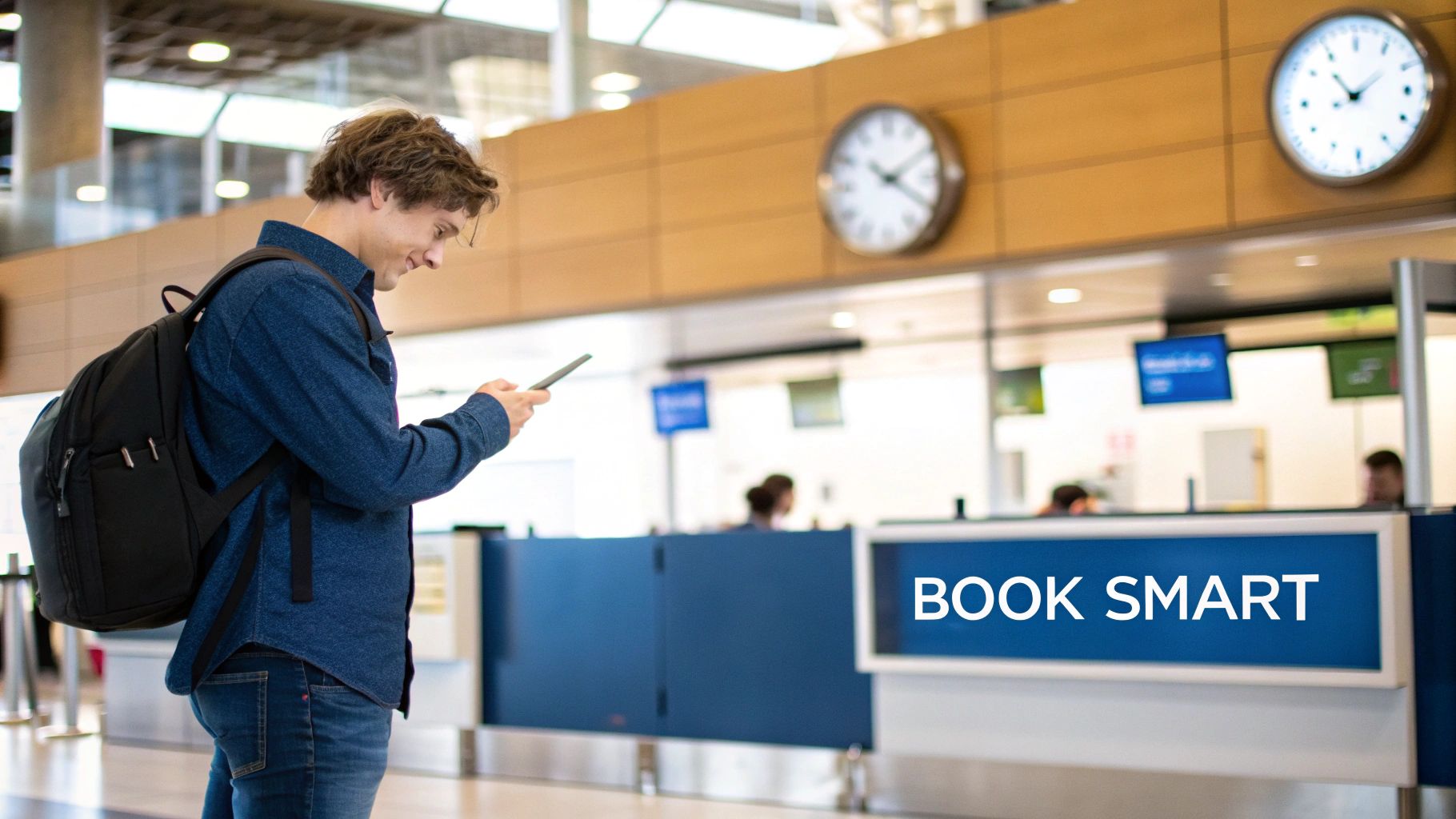 A smiling young man in an airport uses his phone with a 'BOOK SMART' sign visible.