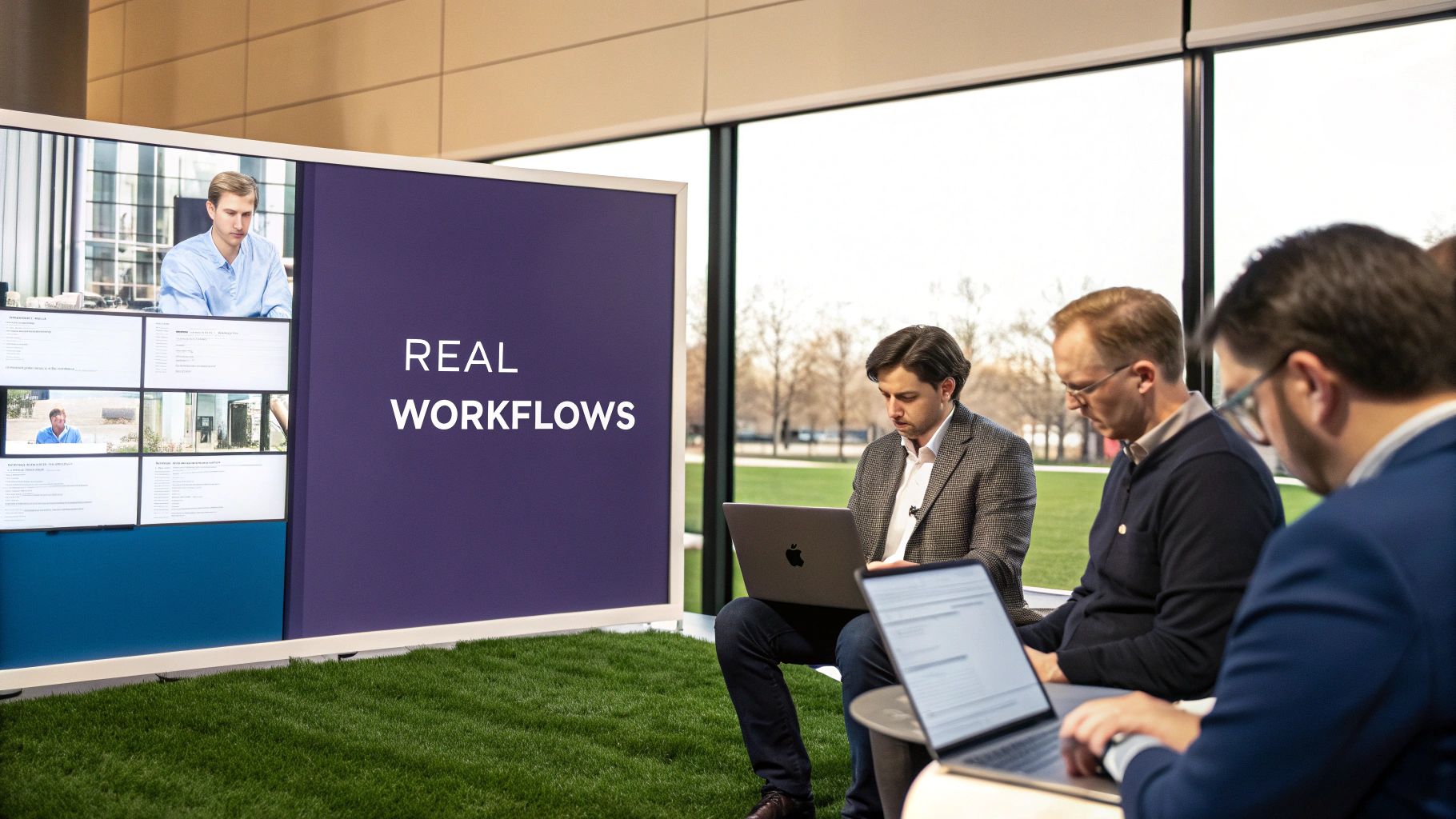 Professionals collaborating on laptops in a modern office, featuring a large screen displaying 'REAL WORKFLOWS'.