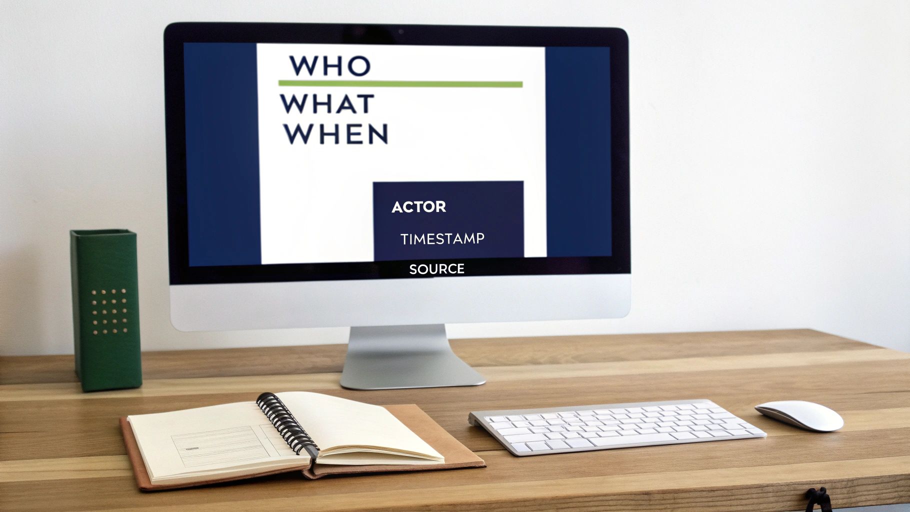 A clean desk setup featuring a computer monitor displaying 'WHO WHAT WHEN' text, with a notebook, keyboard, and mouse.