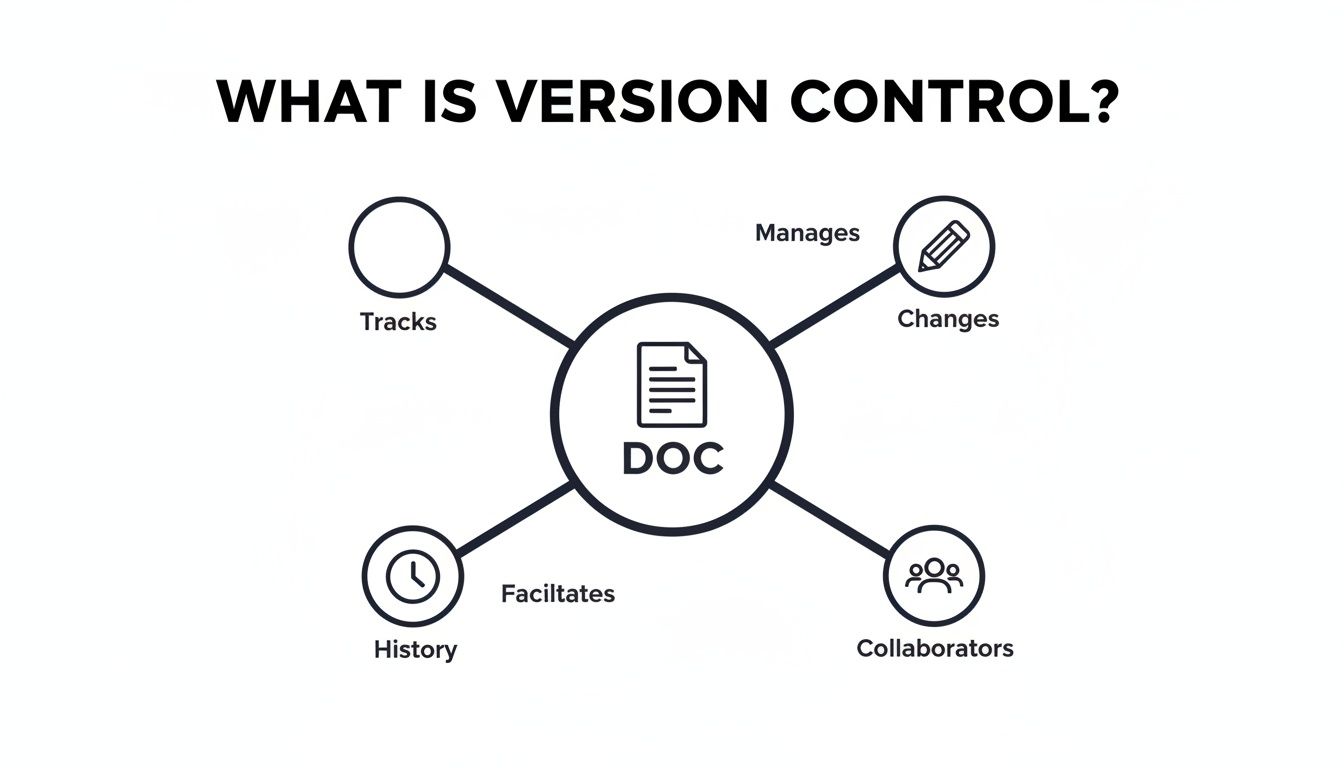 Diagram explaining version control for documents, detailing how it tracks, manages changes, facilitates history, and supports collaborators.