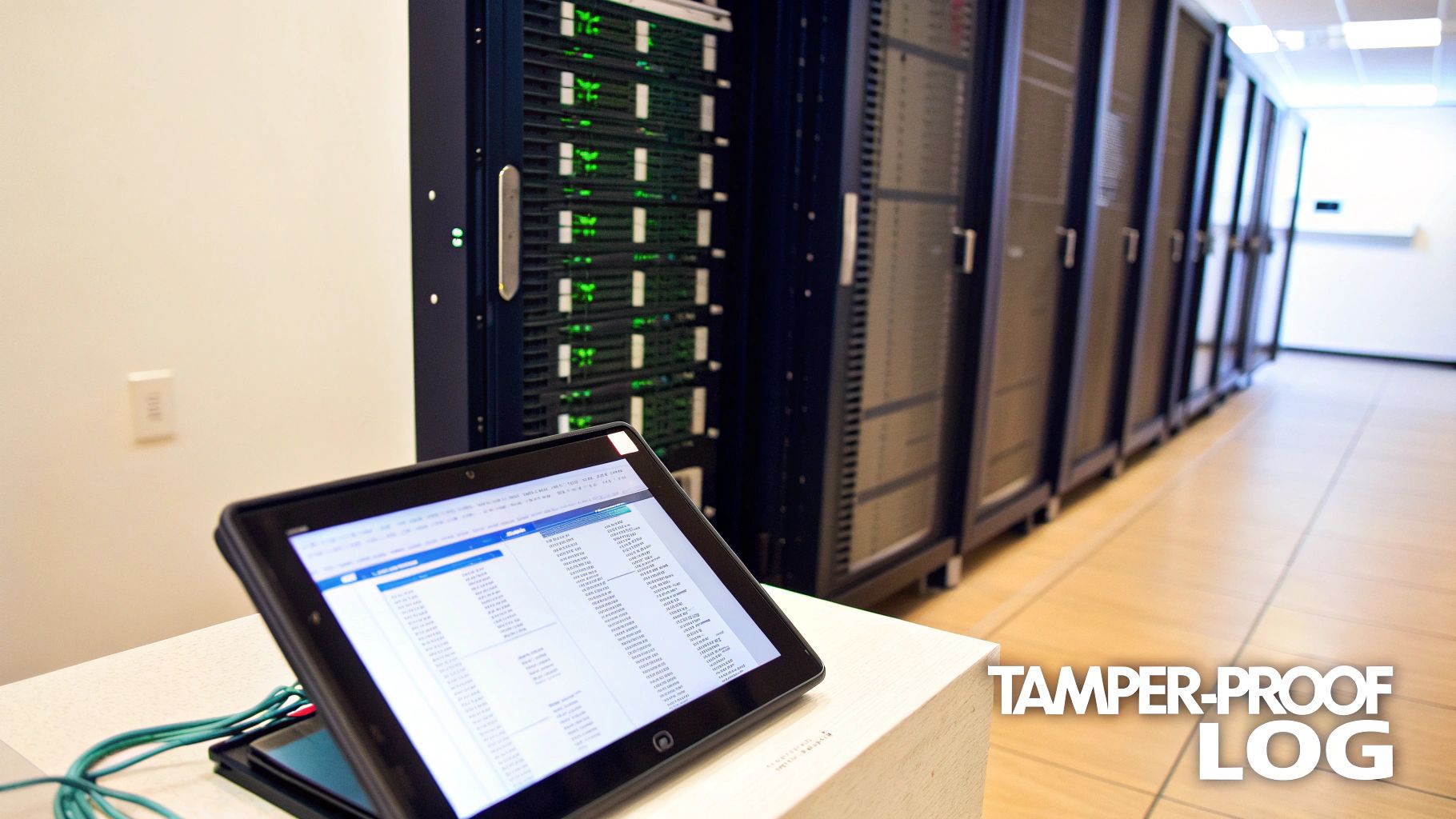 A tablet displays a data log in a server room with rows of active server racks.