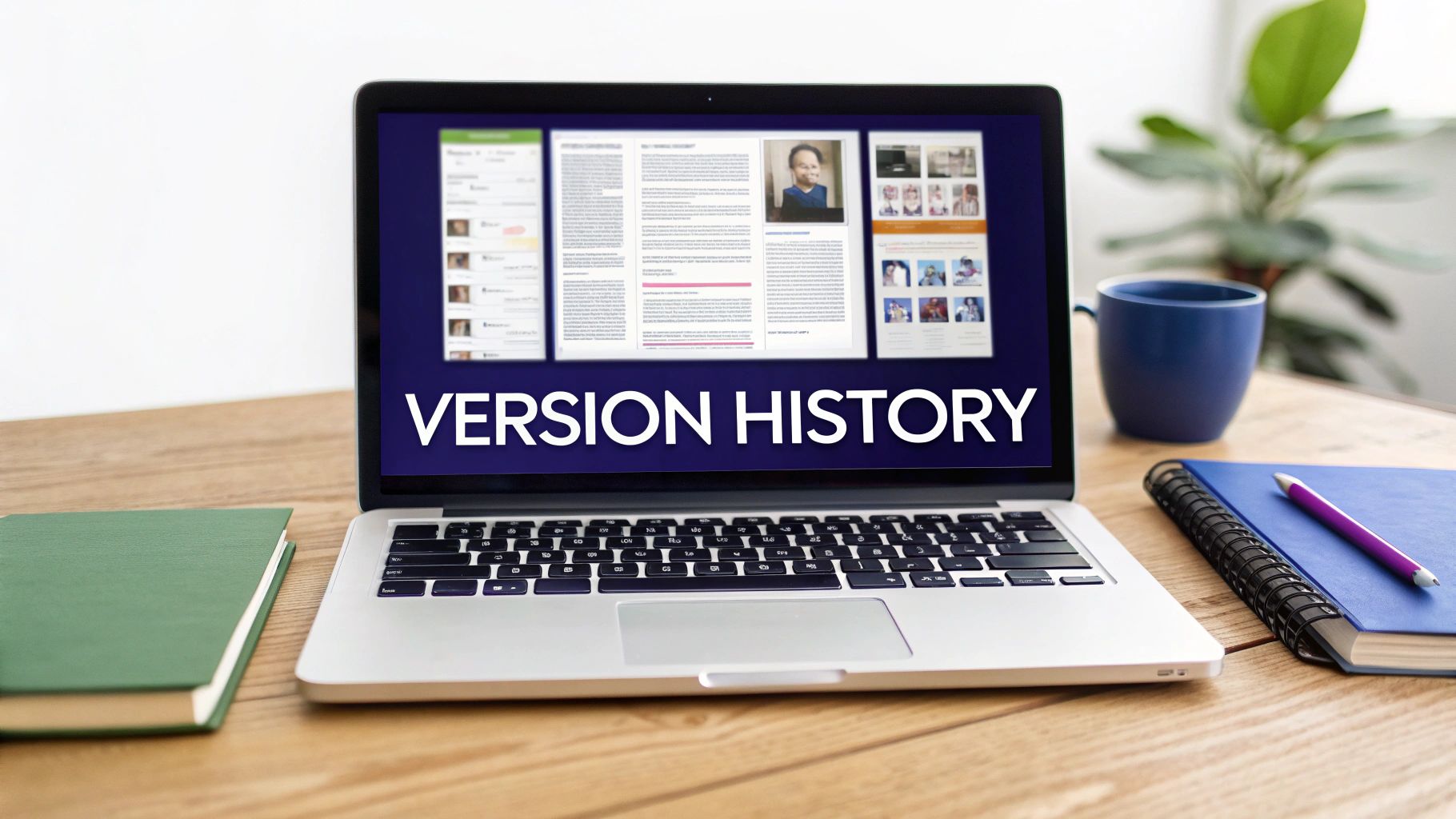 A laptop on a wooden desk displays 'VERSION HISTORY' on its screen, alongside a book, mug, and notebook.