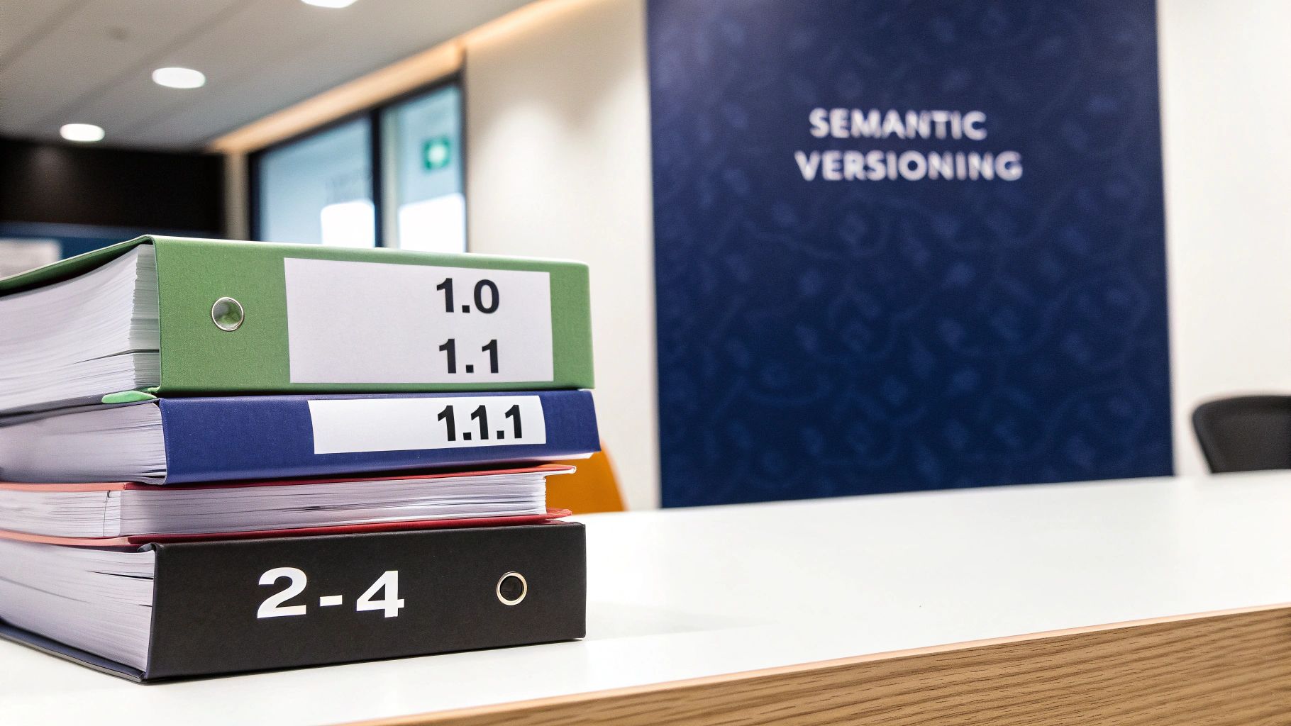 Stack of binders on a desk labeled with version numbers 1.0, 1.1, and 1.1.1, with “Semantic Versioning” on a wall in the background.