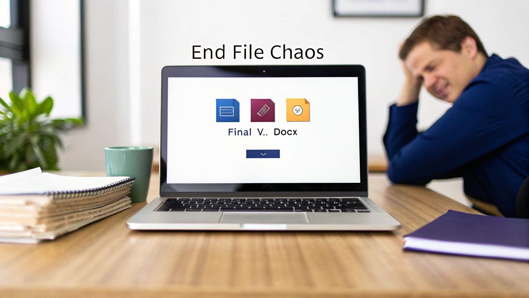 Stressed man at a desk with a laptop displaying 'End File Chaos' and document icons.