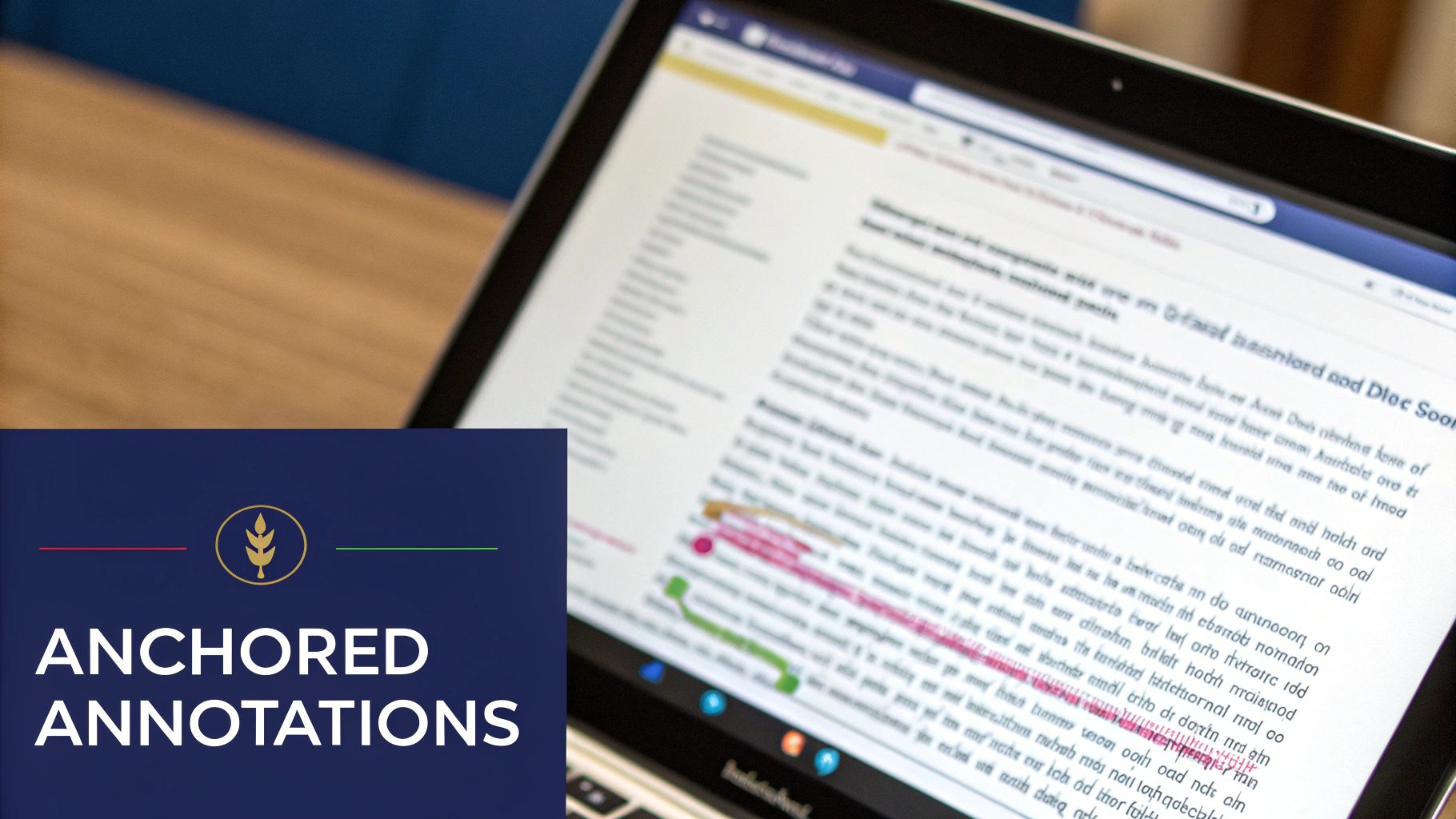 Close-up of a laptop screen displaying a document with digital annotations in red and green, and 'ANCHORED ANNOTATIONS' text.