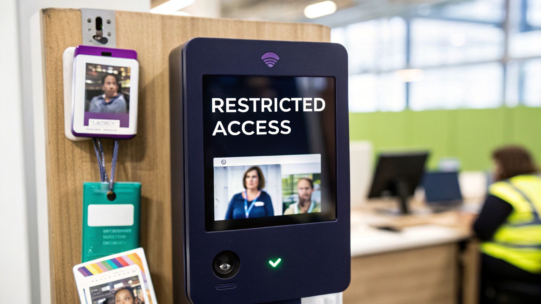 A digital access control system displays 'RESTRICTED ACCESS' with a video feed, next to ID badges.
