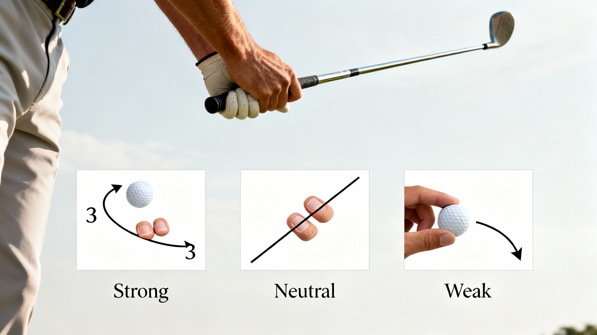 A golfer holding a club, illustrating strong, neutral, and weak golf grip types below.