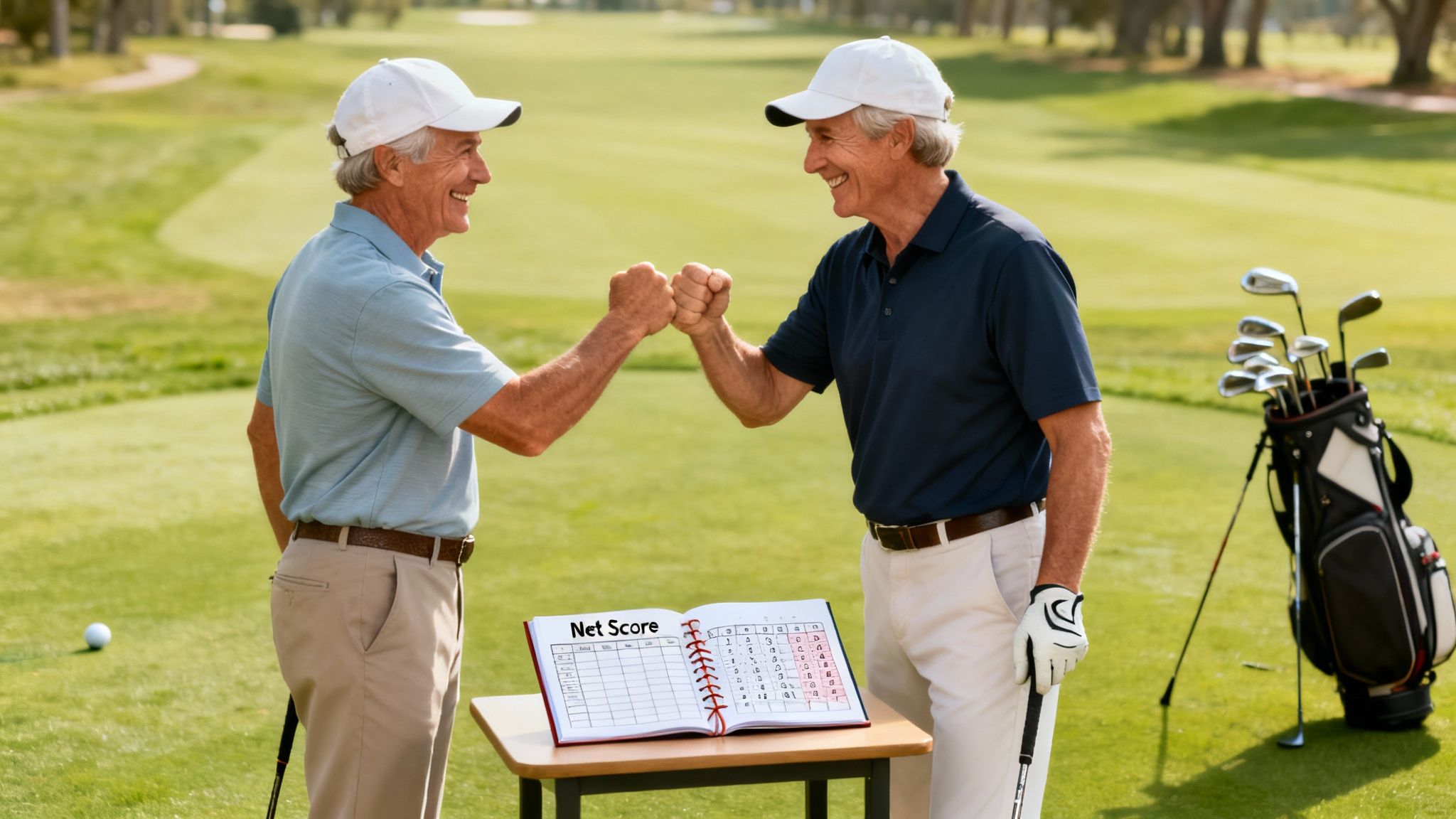 Two happy senior golfers fist-bumping on a sunny course, celebrating their net score.