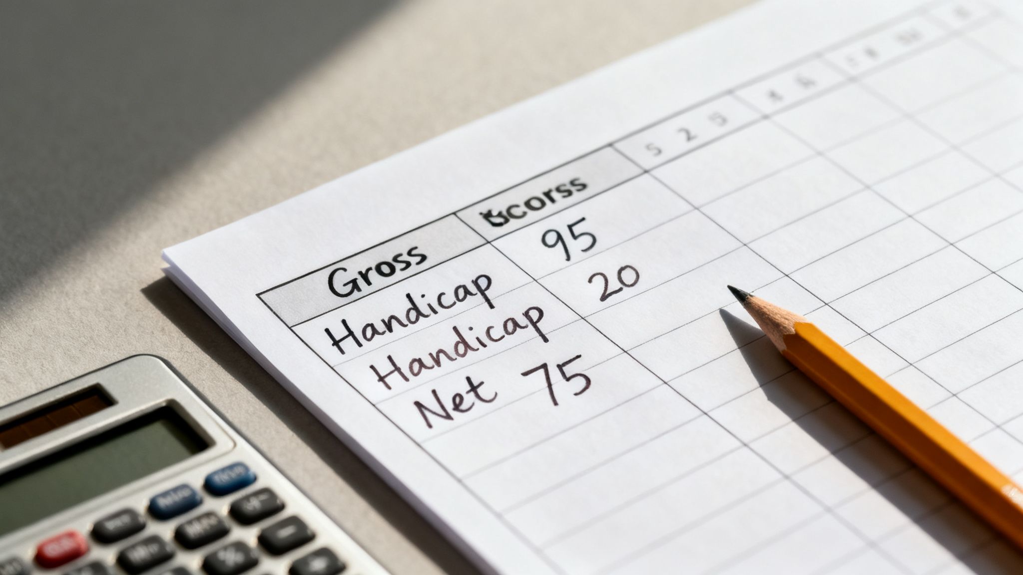 A golf scorecard showing Gross 95, Handicap 20, and Net 75, with a pencil and calculator.