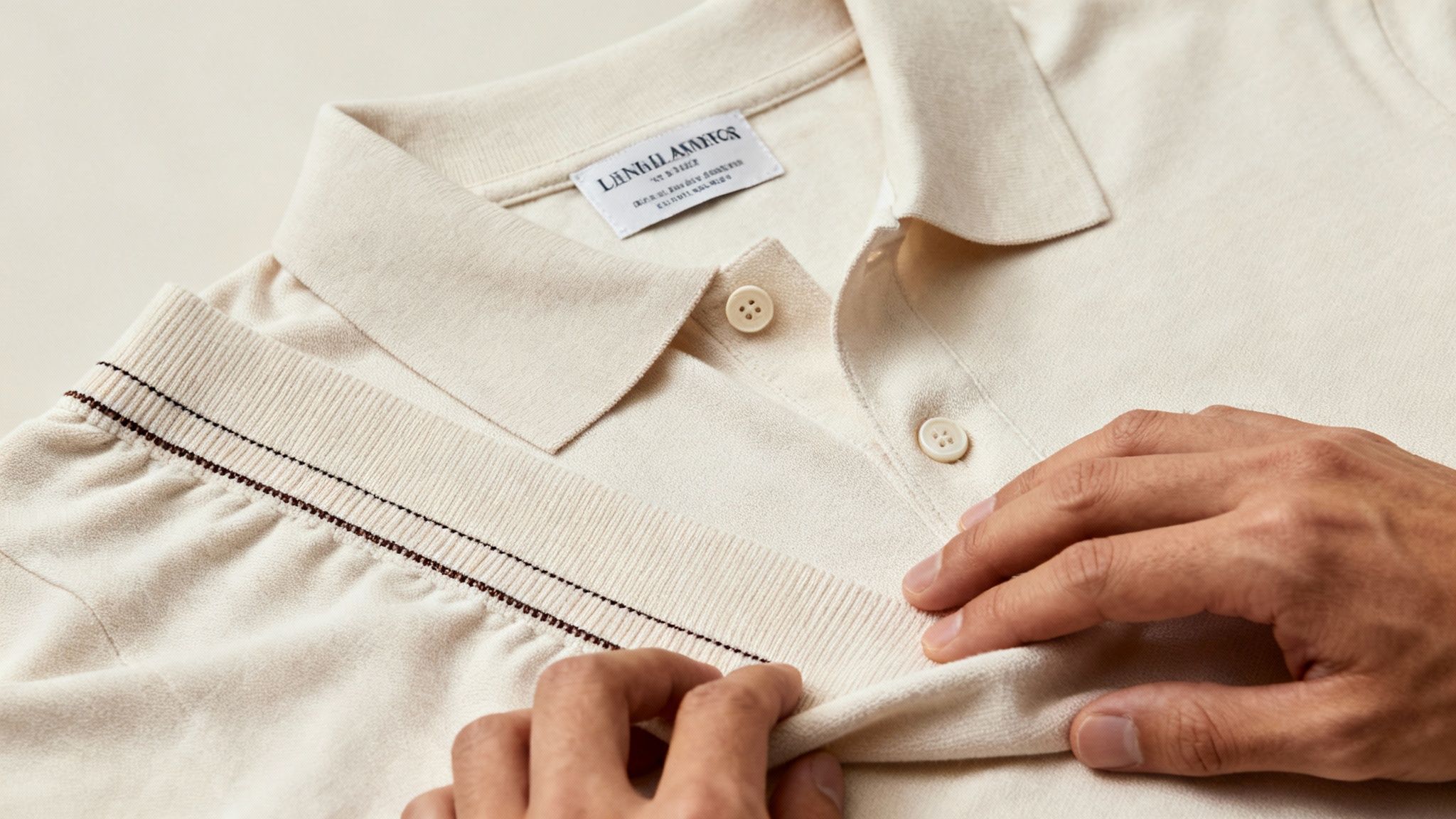 Close-up of a person's hands touching a cream polo shirt with a brand label and ribbed details.