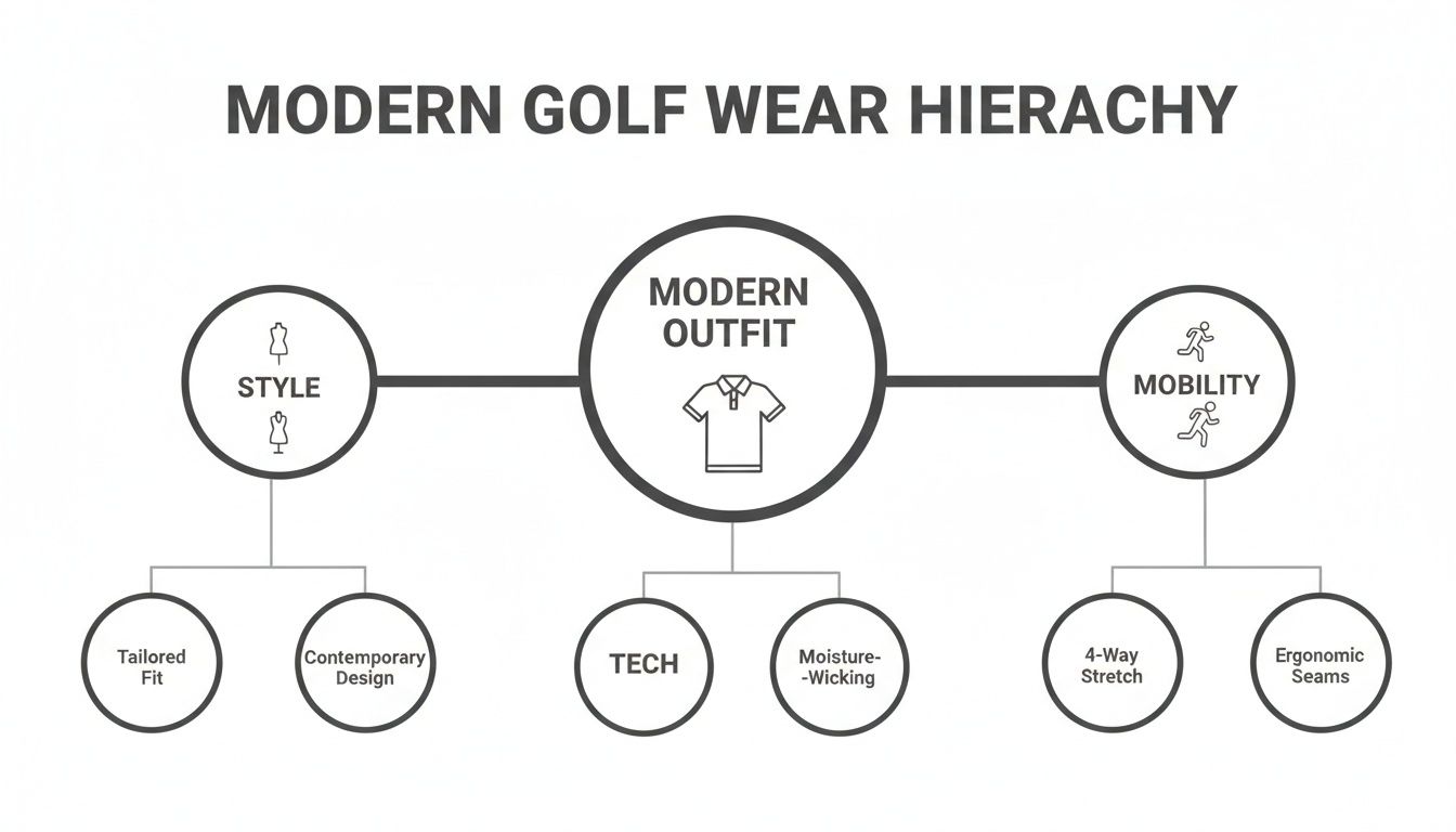 A diagram illustrating the modern golf wear hierarchy, detailing style, tech, and mobility attributes.