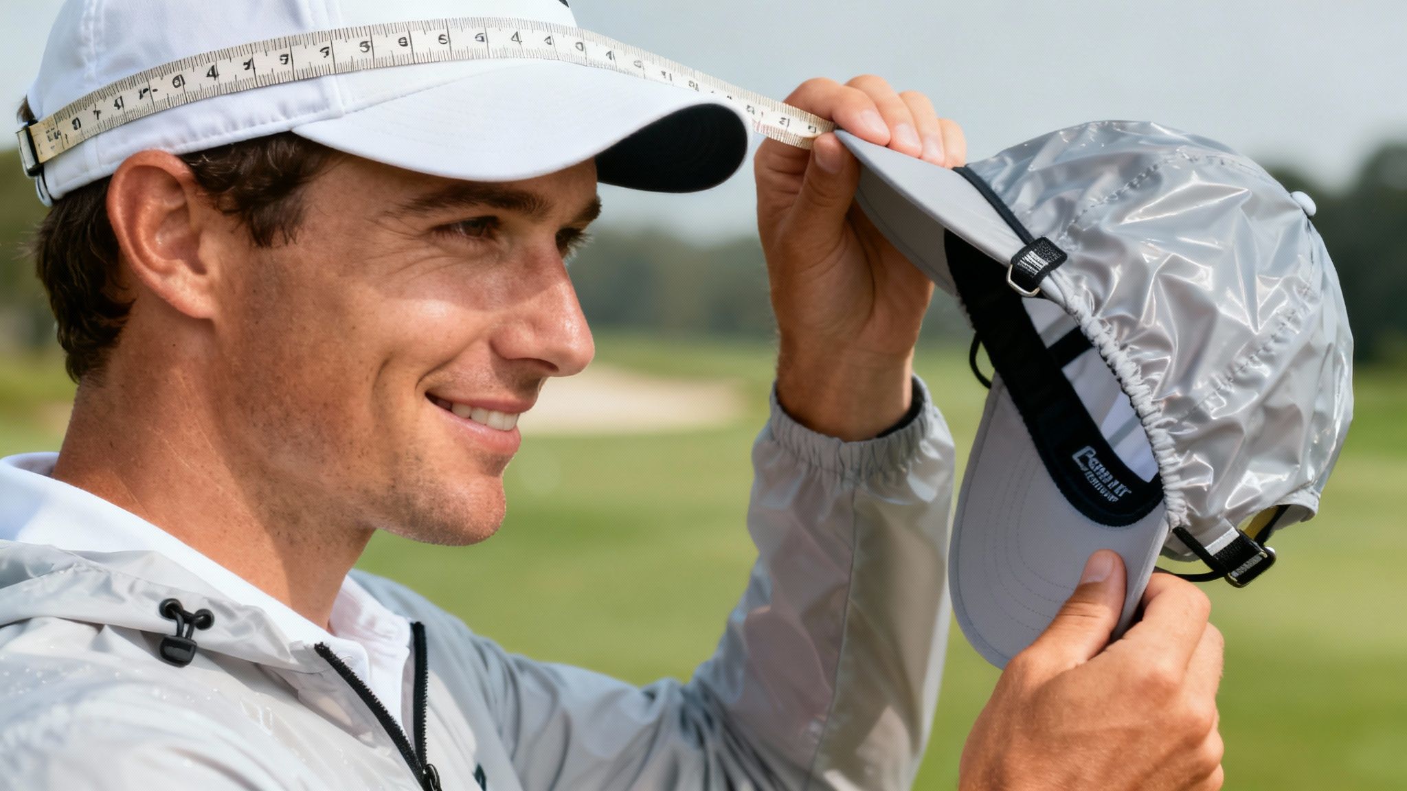 Smiling golfer measures his head for a perfect fit, holding a grey waterproof golf hat.