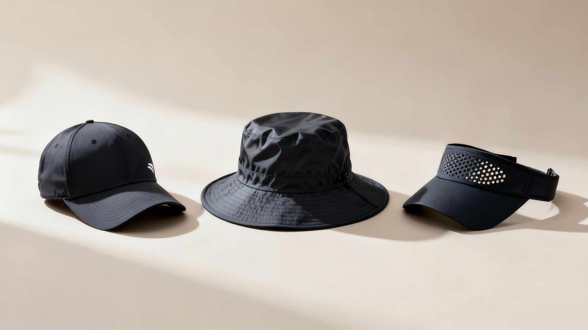 A waterproof bucket hat and a waterproof baseball cap side-by-side on a golf course background.