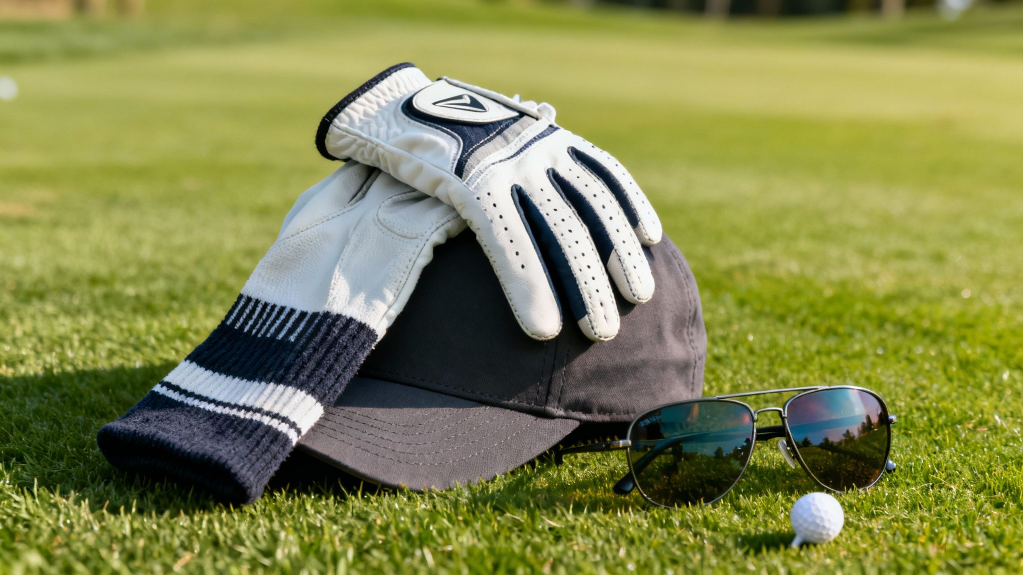 A collection of stylish golf accessories including a hat, glove, and sunglasses