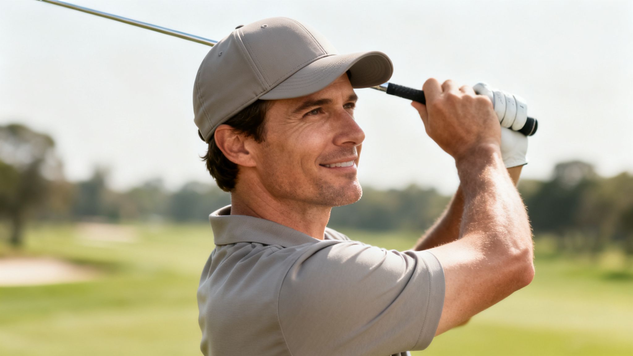 Smiling man in a grey golf cap and polo shirt, swinging a golf club on a sunny course.