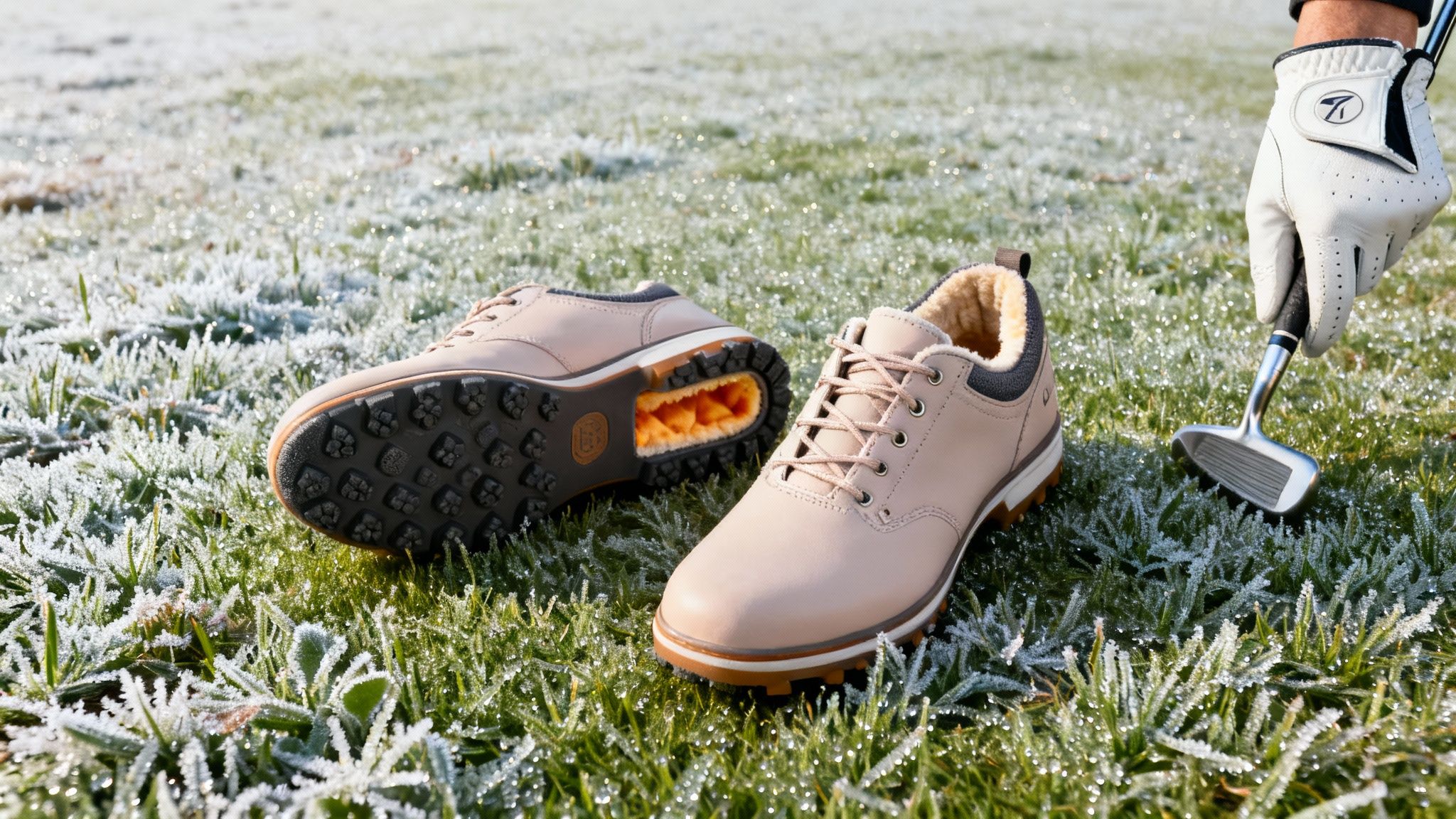 Beige fur-lined winter golf shoes on frosty grass with a golfer's hand and club.