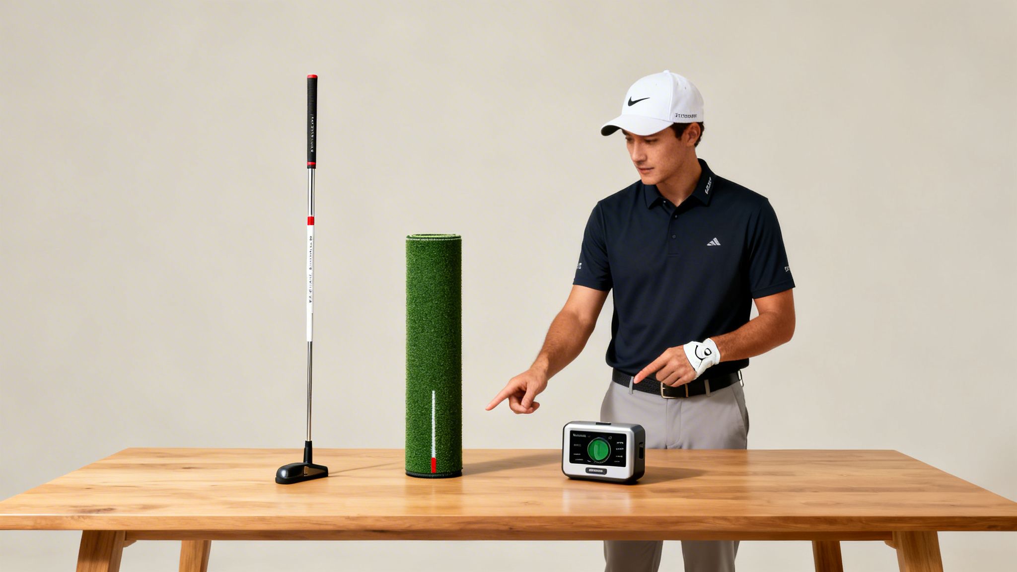 A man in golf attire points at various golf training aids, including a putting mat and a device, on a wooden table.