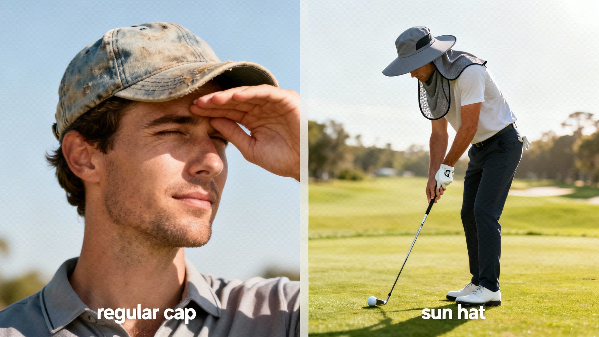 A golfer wearing a white bucket hat, shielding their face from the sun while concentrating on their shot on a lush green course.