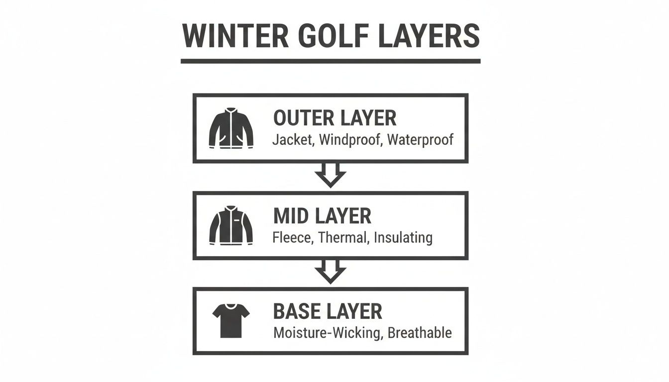 A diagram outlining winter golf clothing layers: outer jacket, mid fleece, and base moisture-wicking shirt.
