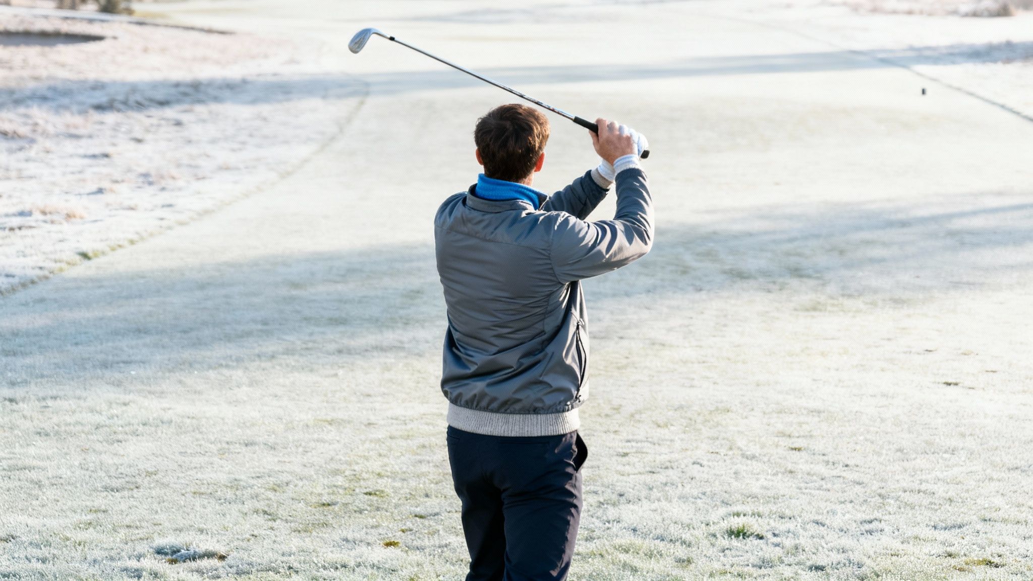 Golfer in cold weather gear, including a beanie, looking ready to swing.
