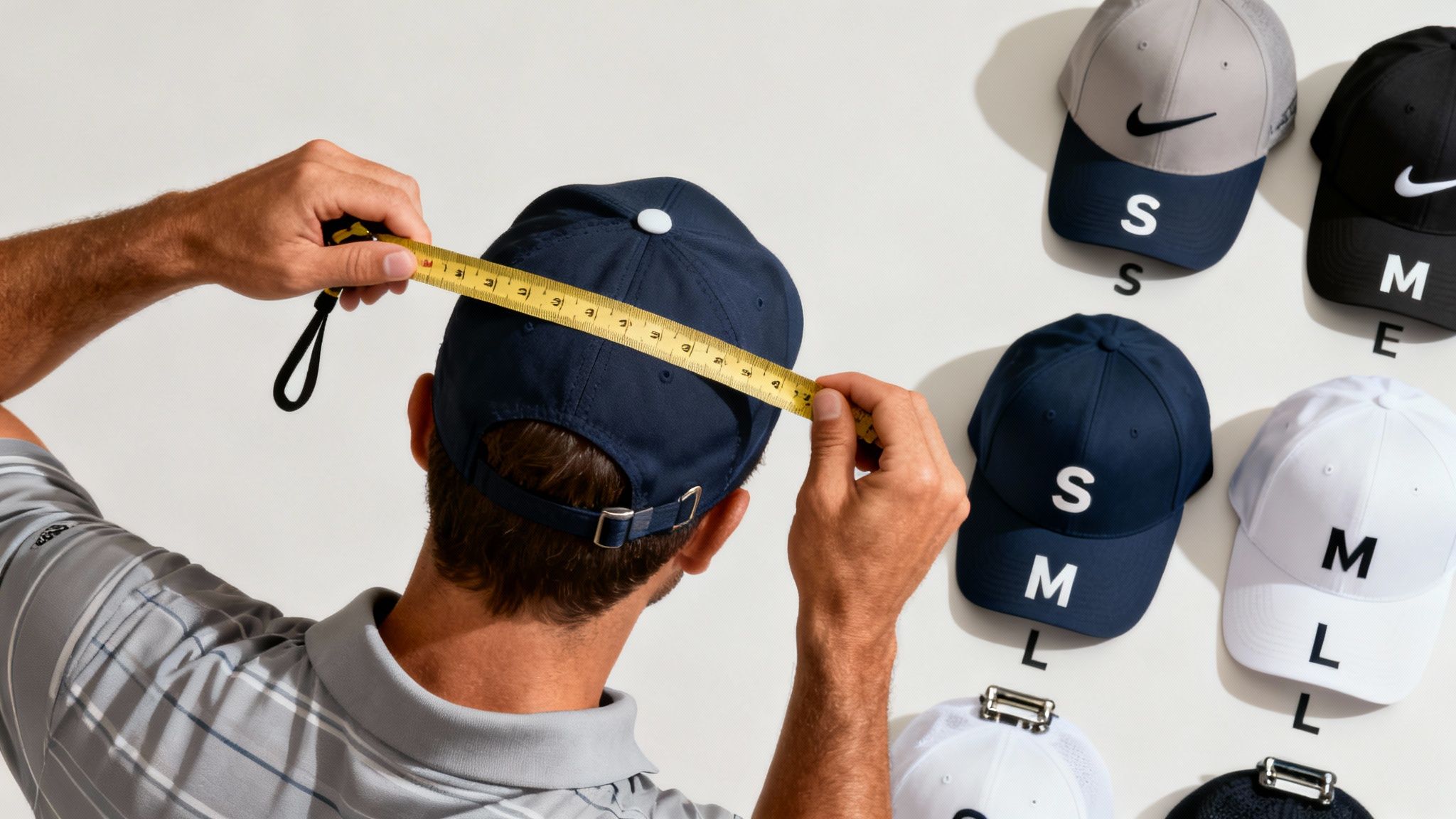 A person measuring their head with a soft tape measure to find the right hat size.