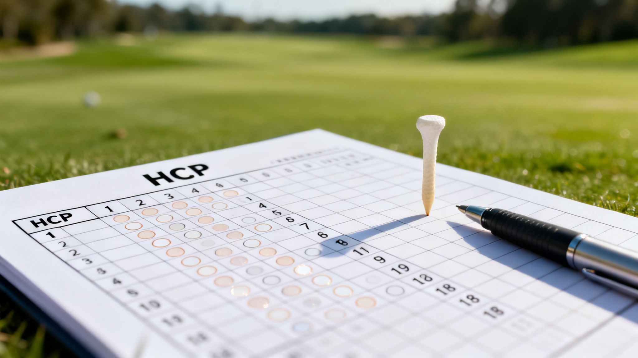 A golf scorecard with 'HCP' title, golf tee, and pen on a green golf course.