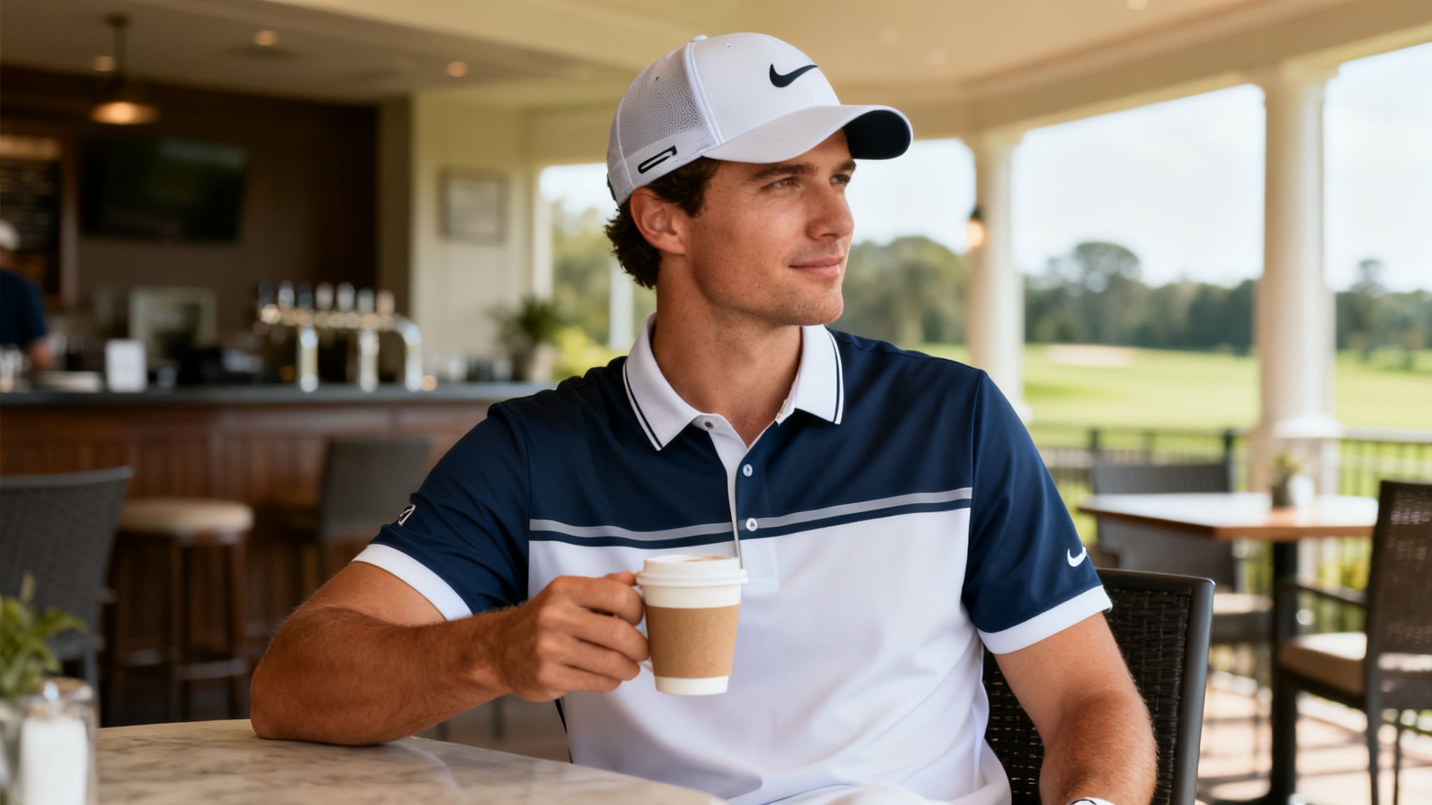 A man in a Nike golf hat and polo sips coffee on a patio overlooking a golf course.