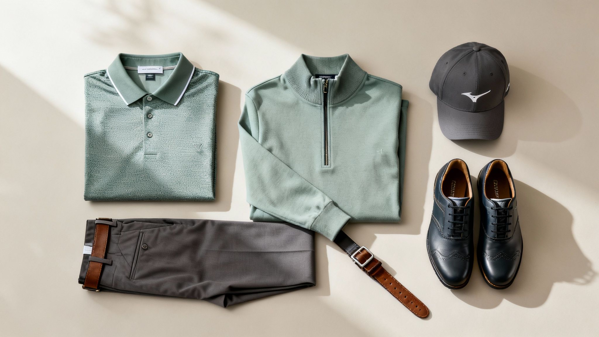 A stylish flat lay of men's upscale golf apparel, including a polo, pullover, pants, belt, cap, and shoes.