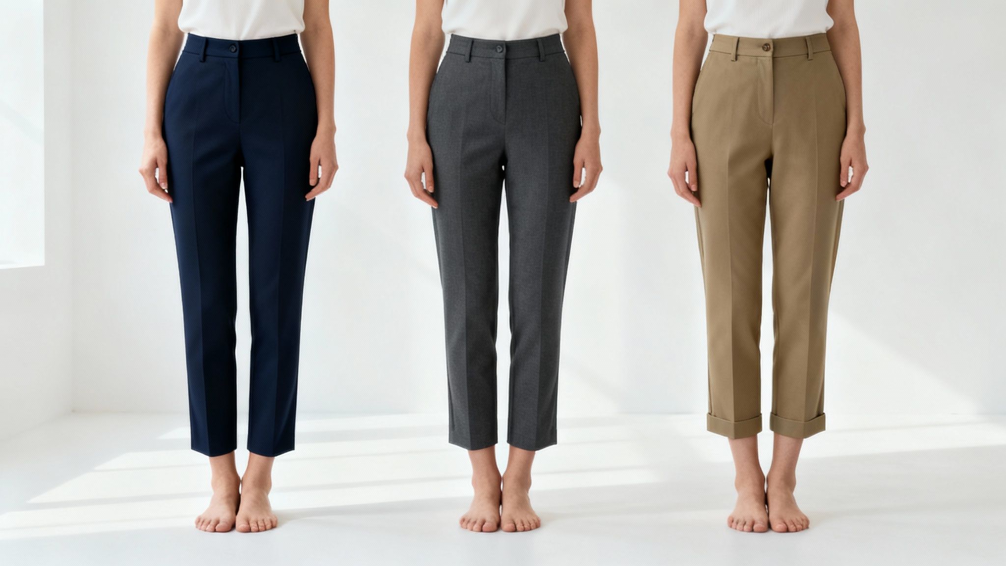 A woman golfer smiling on the course, wearing well-fitted golf trousers.