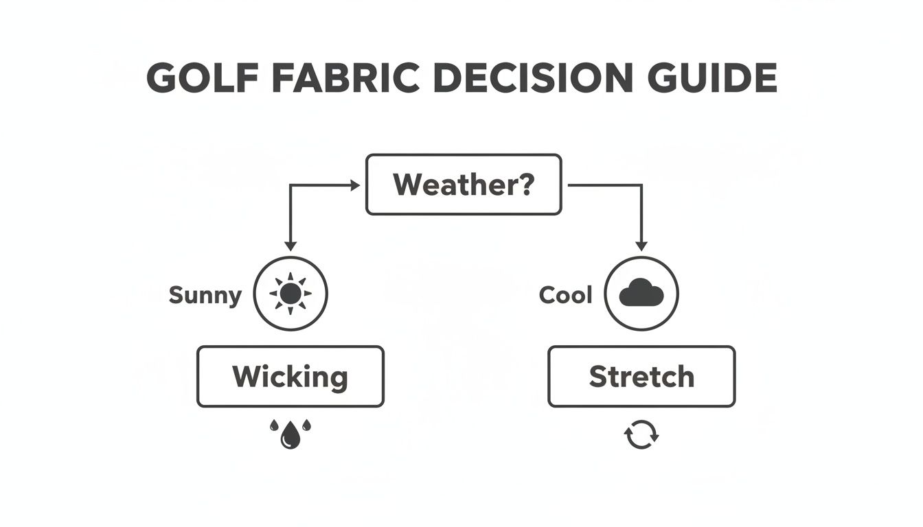 A golf fabric decision guide flowchart: choose wicking for sunny weather, or stretch for cool weather.