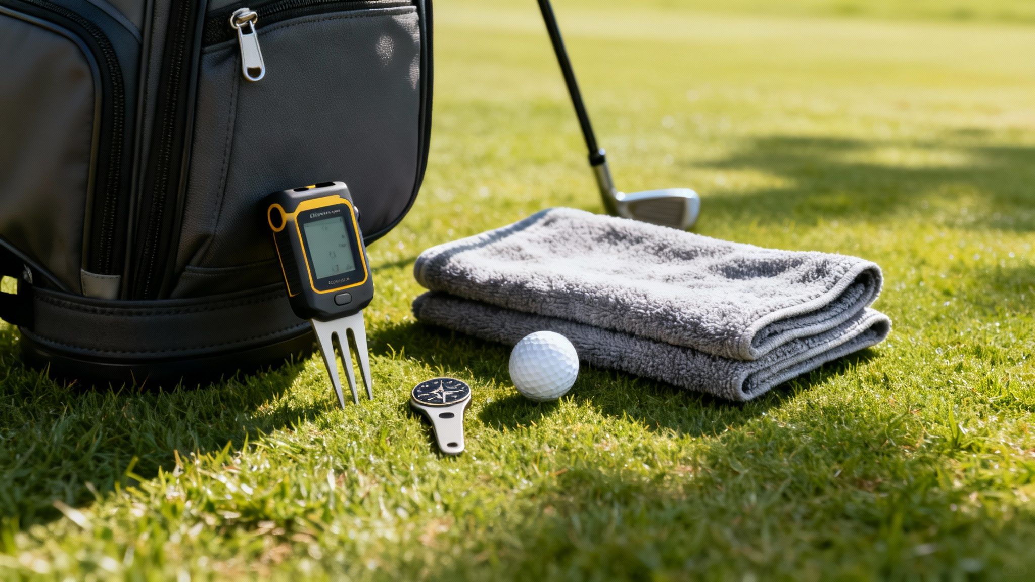 A golfer enjoying a snack and a drink on the course, with sunscreen and a first aid kit nearby.