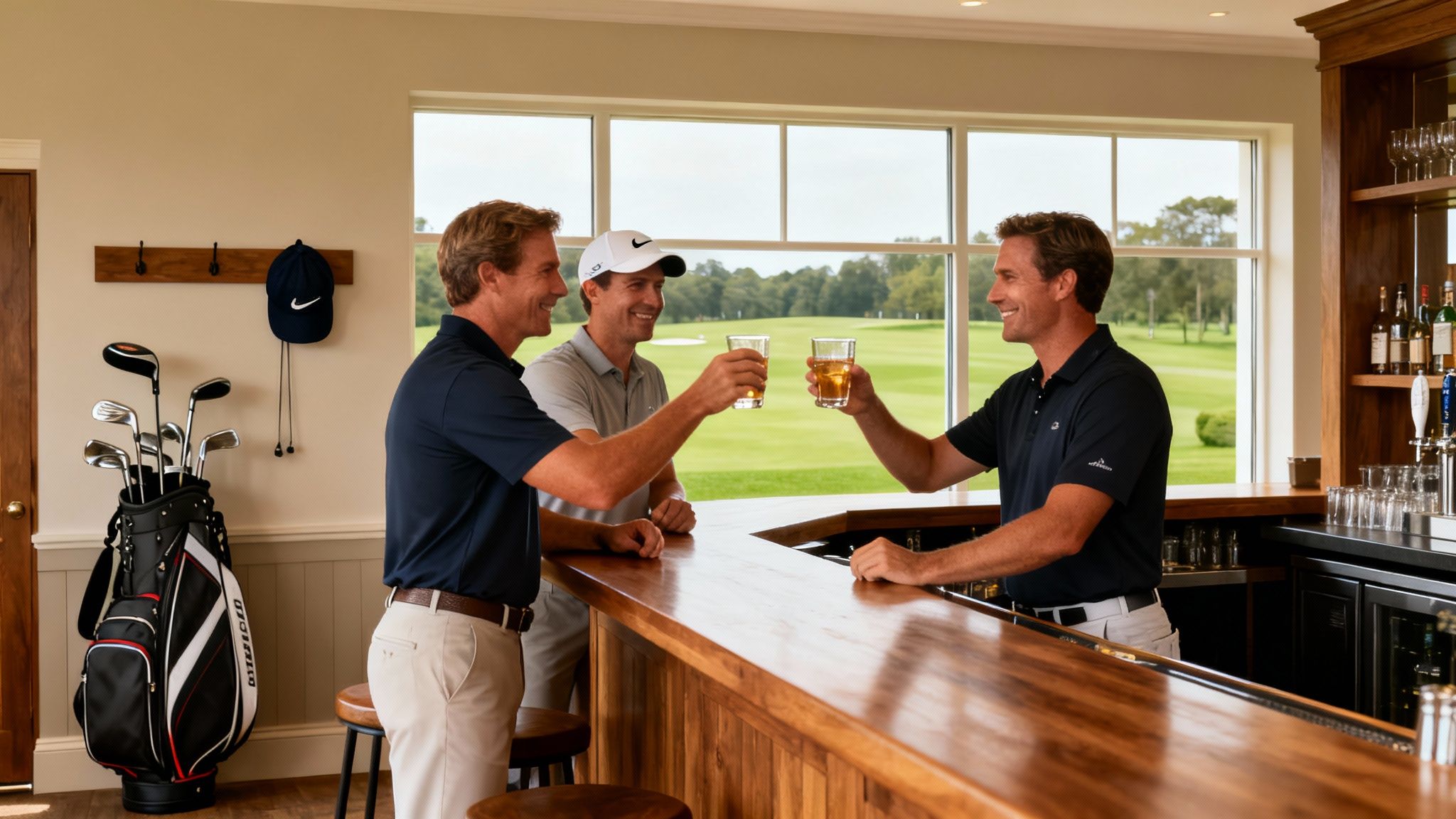 Three smiling golfers toast with drinks at a clubhouse bar overlooking a golf course.