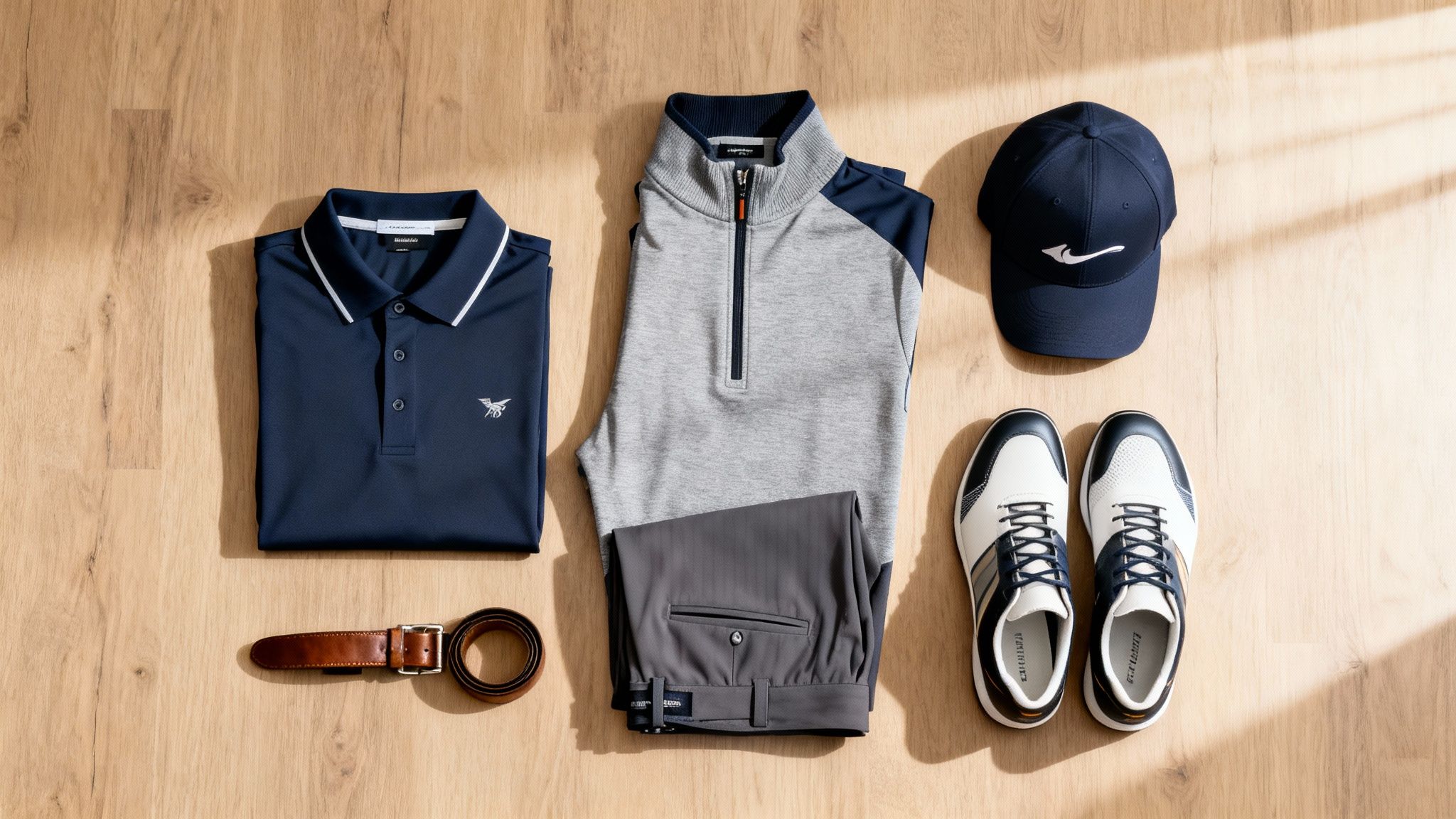 Flat lay of stylish men's golf apparel: a polo, pullover, pants, belt, hat, and shoes on a wood floor.