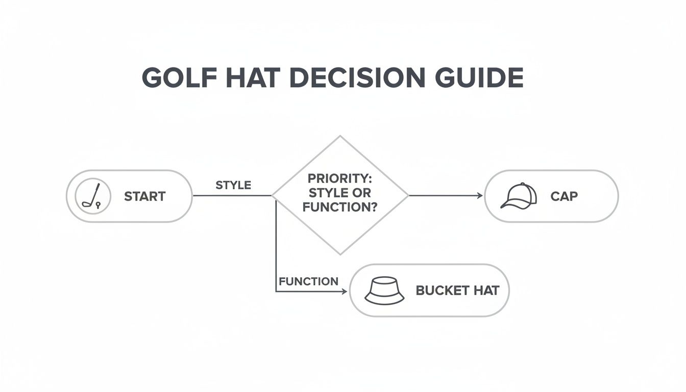 A golf hat decision guide flowchart showing a choice between a cap for style and a bucket hat for function.